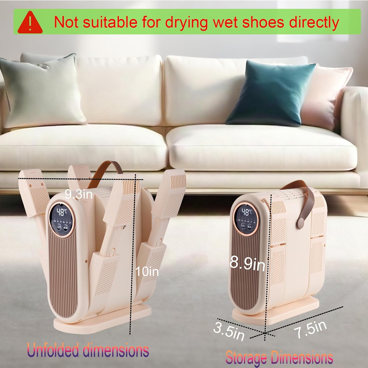Portable Boot Dryer Folds for easy storage Constant-temperature dehumidification Features aromatherapy deodorization 360-minute timer 4 boot heaters Suitable for work boots ski boots sneakers socks