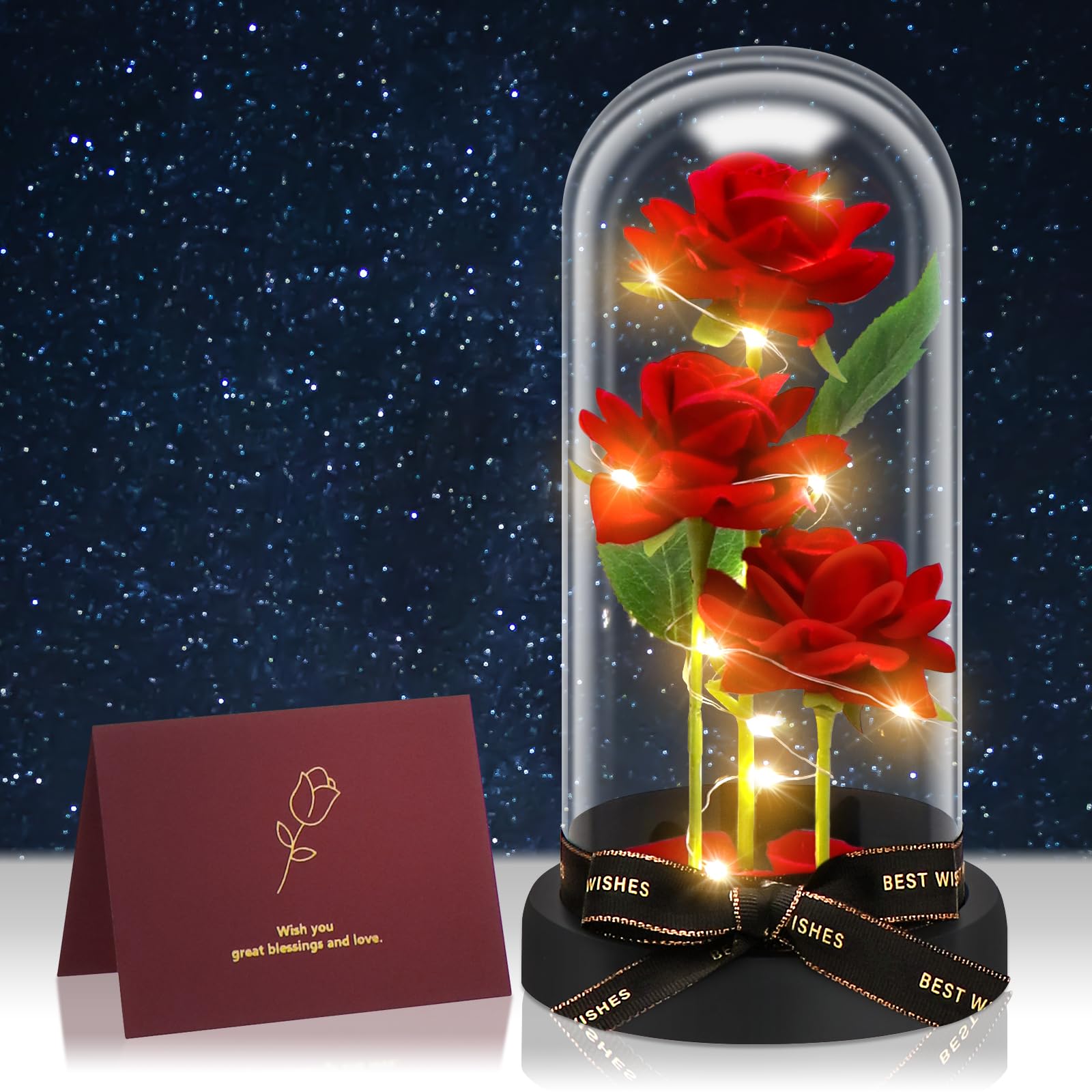 Rose avec lumières LED, anniversaires de mariage – Rose éternelle pour elle, cadeau pour maman, sœur, elle, grand-mère, épouse (base noire, rose rouge)