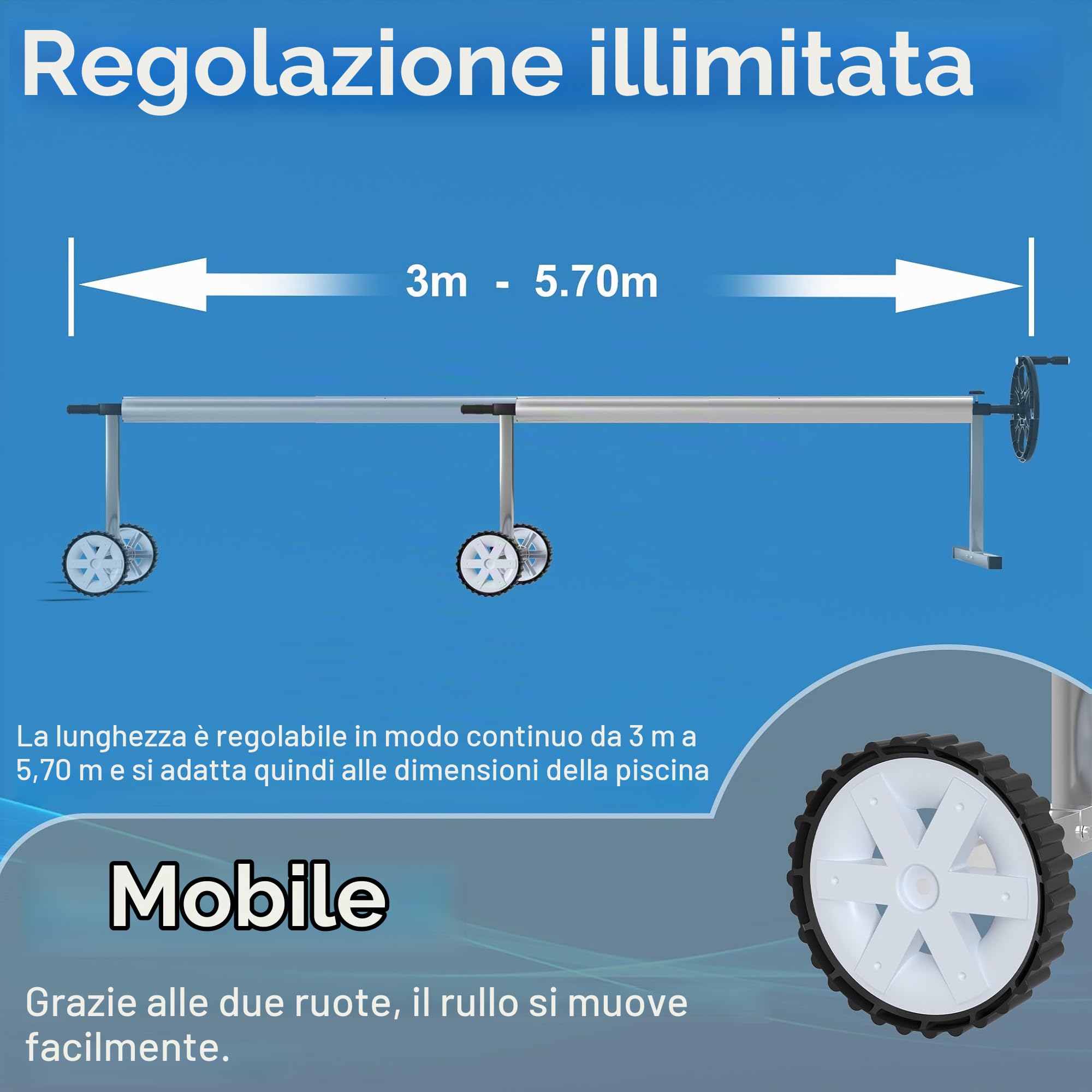 LZQ Avvolgitore per piscina mobile in alluminio + sistema di avvolgimento in acciaio inox, con 8 nastri di fissaggio per telone solare e piscina | 3 m – 5,70 m regolabile