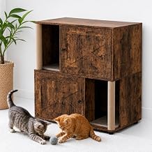 2 Tier Litter Box Enclosure Furniture for 2 Cats, Double Room Hidden Cat Litter Box Cabinet with 2 Scratching Posts, Dual Litter Trapping Mats, Ventilated Wood Cat House, Fits 2 Litter Boxes,Brown-X D