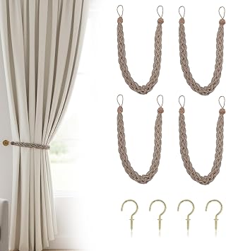 Beige Curtain Tiebacks, 4 Pack Hand Braided Rope Curtain Holdbacks with Metal Hooks Heavy Duty Beige Tie Backs for Drapes, Window Treatment Decorative Holdbacks for Living Room