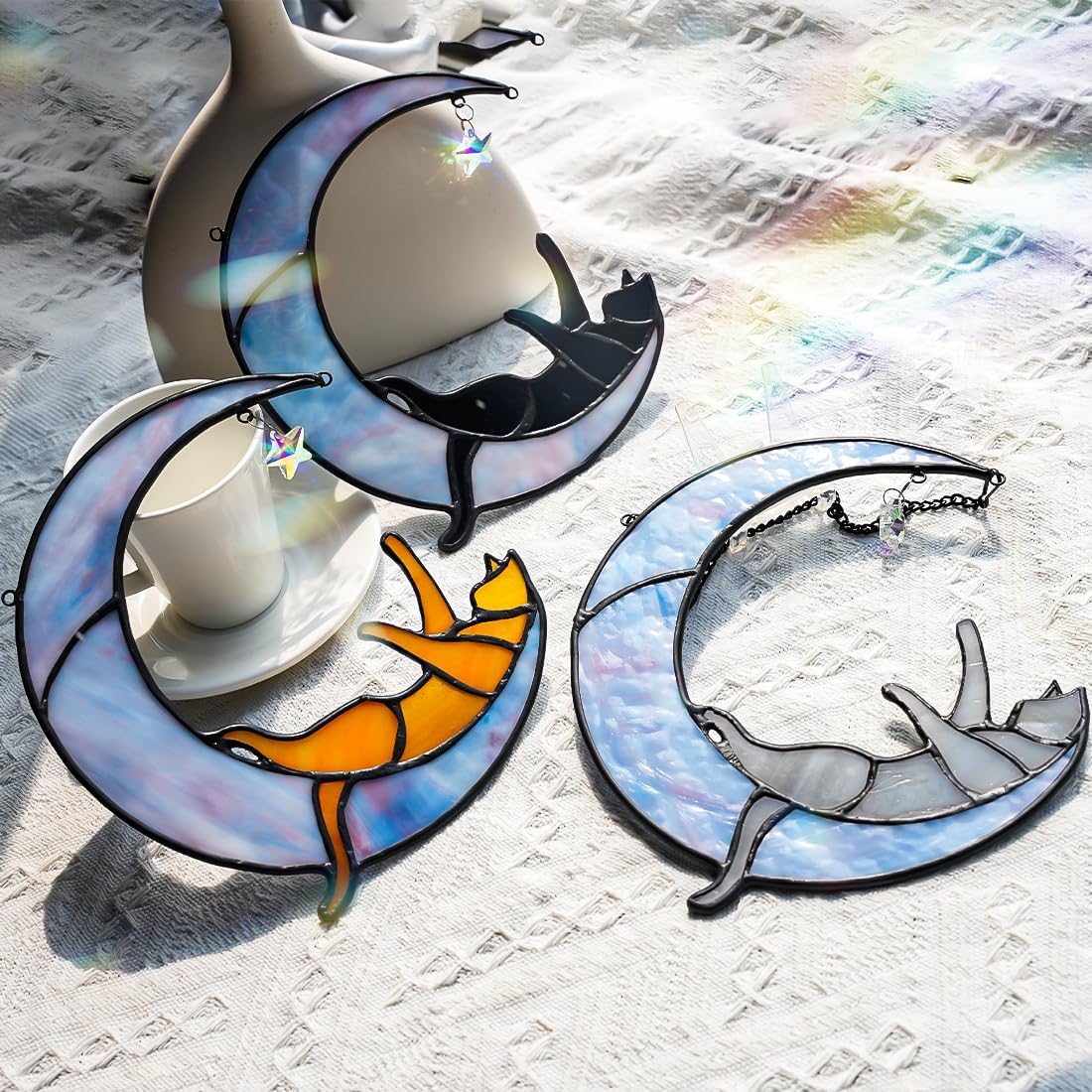Orange Cat on Moon Stained Glass Suncatchers Star Crystal Decor,Rainbow Stained Glass Window Hangings,Funny Cat Lover Themed Gifts for Women Mom - Image 8