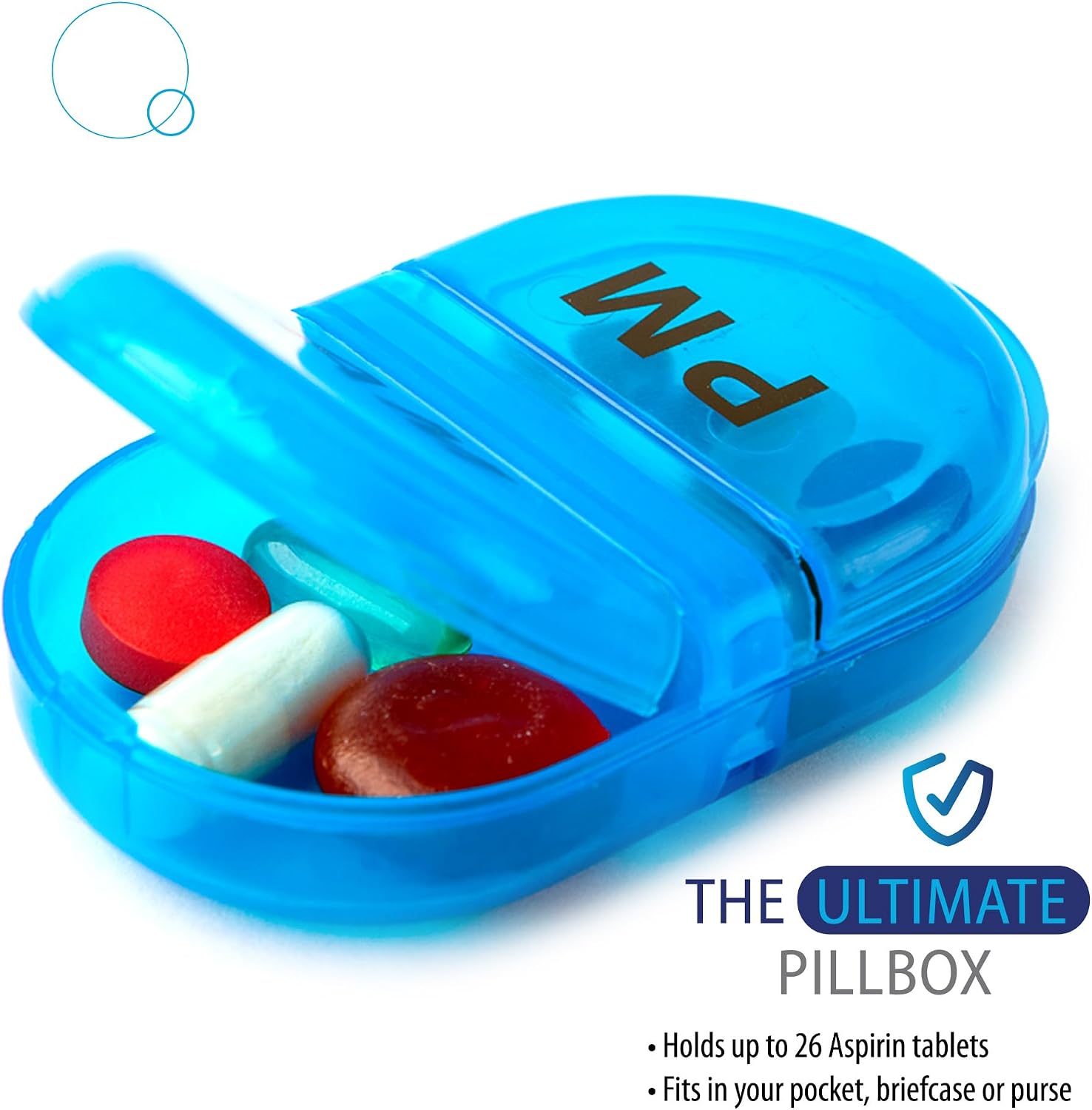 Deke Home - Pill Organizer AM PM, 2 Compartment Pill Box for Pocket or Purse, Small Daily Medicine Case, Travel Pill Holder, Easy Open Pill Container for Seniors, Vitamins & Supplements (Blue)