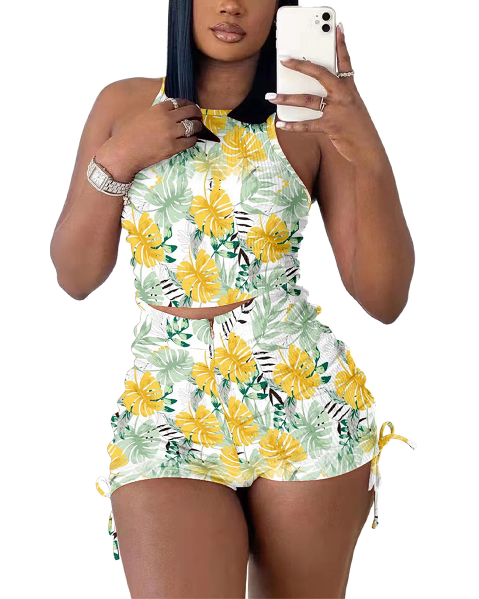 Conjunto de dos piezas para mujer mameluco acanalado amarillo M 7