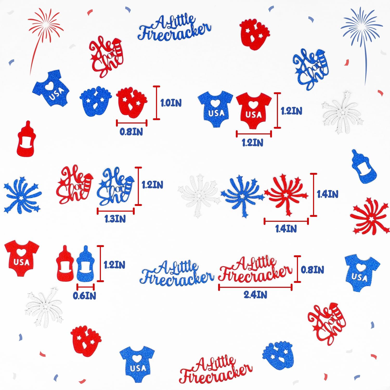 4th of July Gender Reveal Table Confetti, A Little Firecracker & He or She Glitter Confetti, Red White Blue Patriotic Baby Shower Decorations for Independence Day Gender Reveal Party Supplies