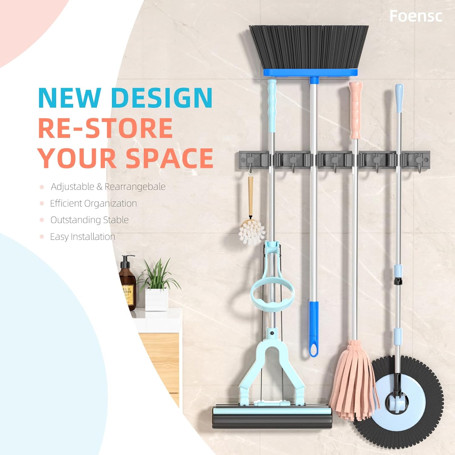 Foensc Broom Holder Wall Mount, Heavy Duty Broom holder, Mop Broom Hanger Organizer for Home Kitchen Garden Laundry Garage, 4 Racks with 5 Hooks, Grey