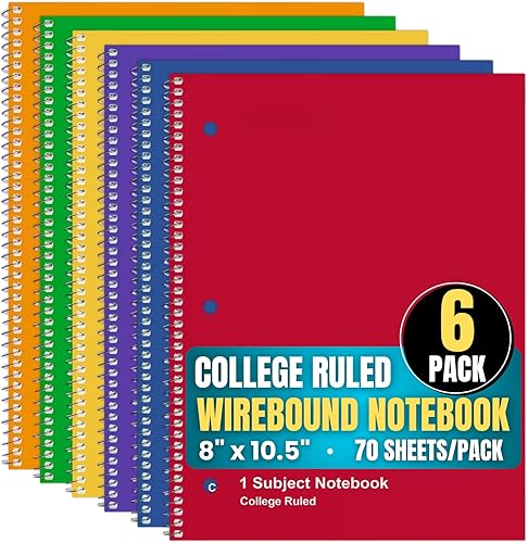 1InTheOffice Cuaderno de espiral de 1 materia, cuaderno espiral con rayas universitarias, 8 x 10.5 pulgadas, colores surtidos, 70 hojas, 6 unidades