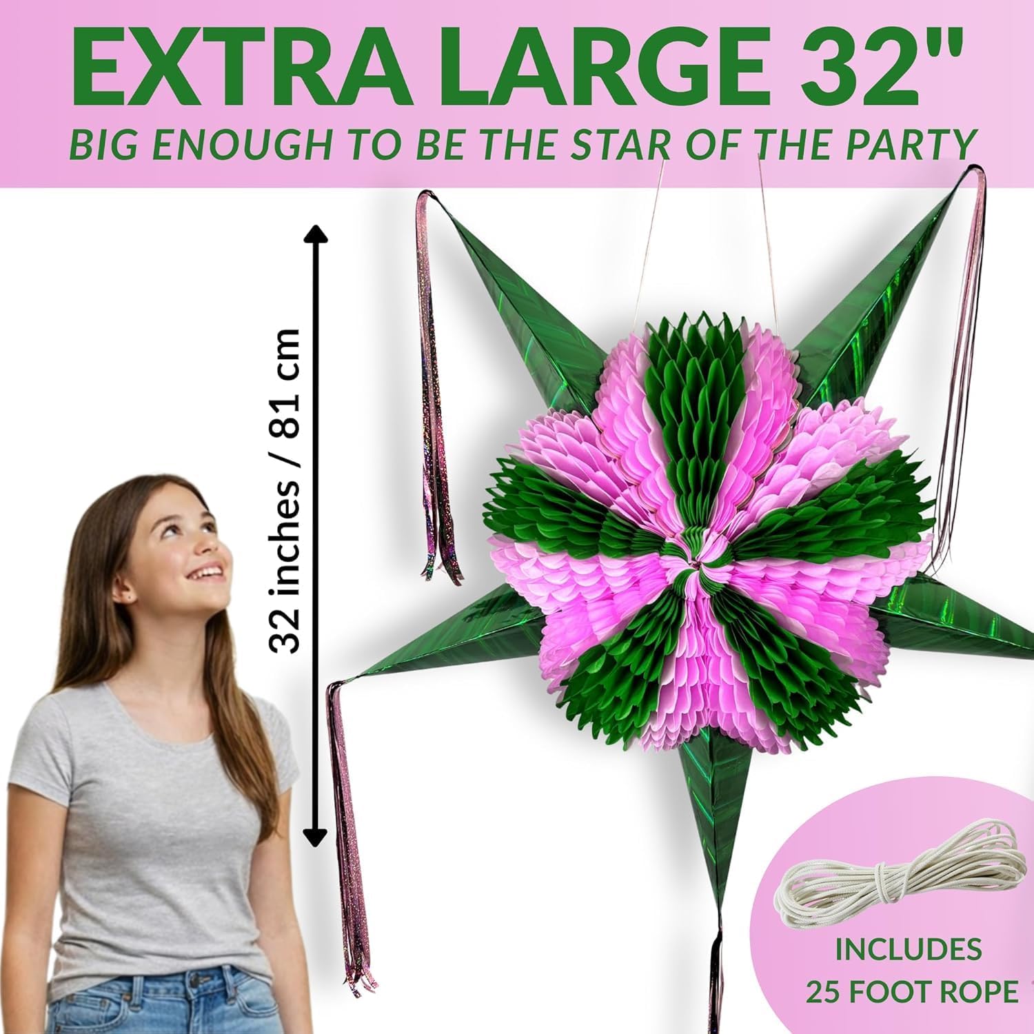 Pink and Green Mexican Pinata, Large 32" Piñata, Quinceañera, 25-ft Rope image 2