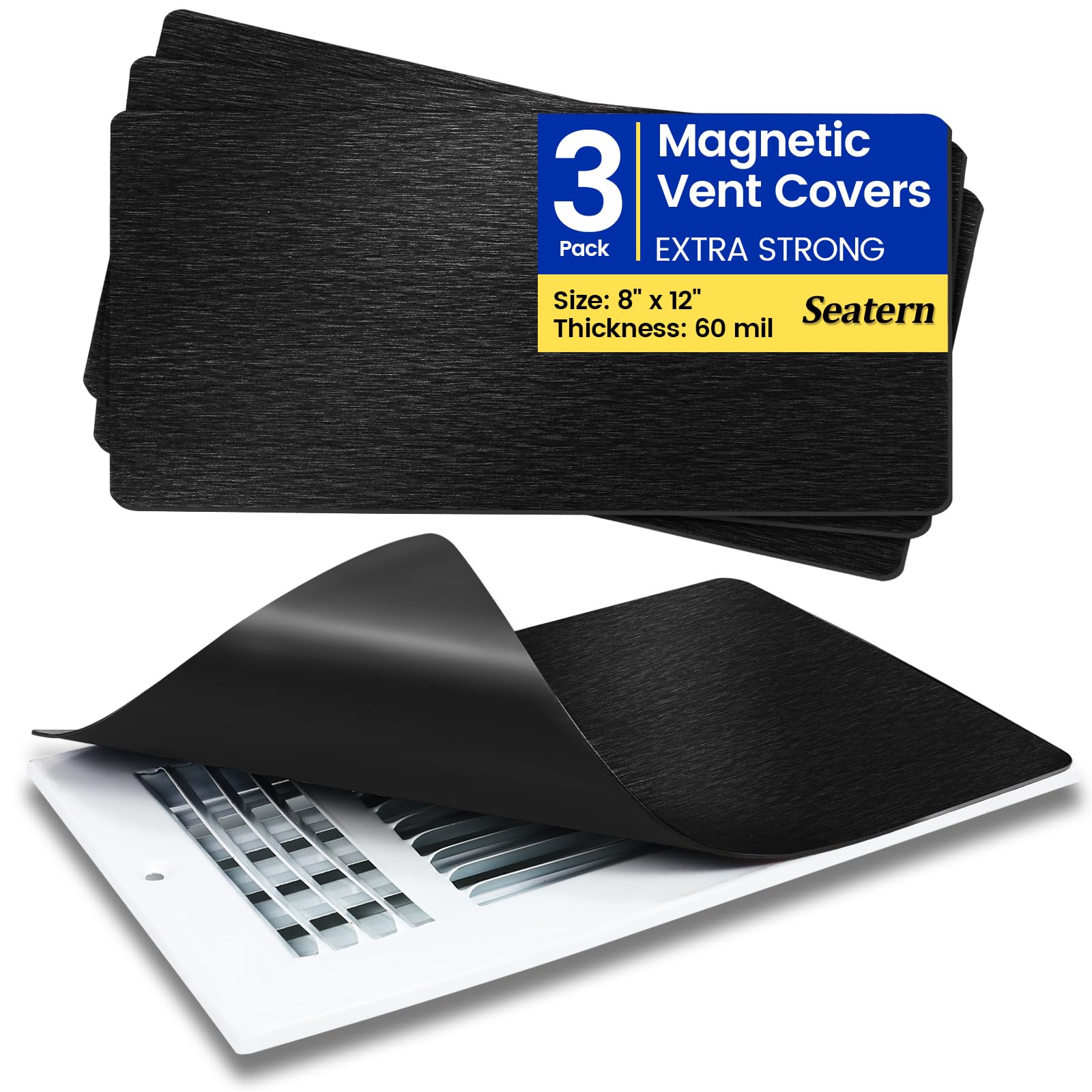 Seatern Magnetic Vent Covers, Extra Strong Magnets, Black 8" x 12" (3 Pack) Ultra Thick 60mil, Complete Seal, Air Vent Covers for Home Floor, Ceiling,