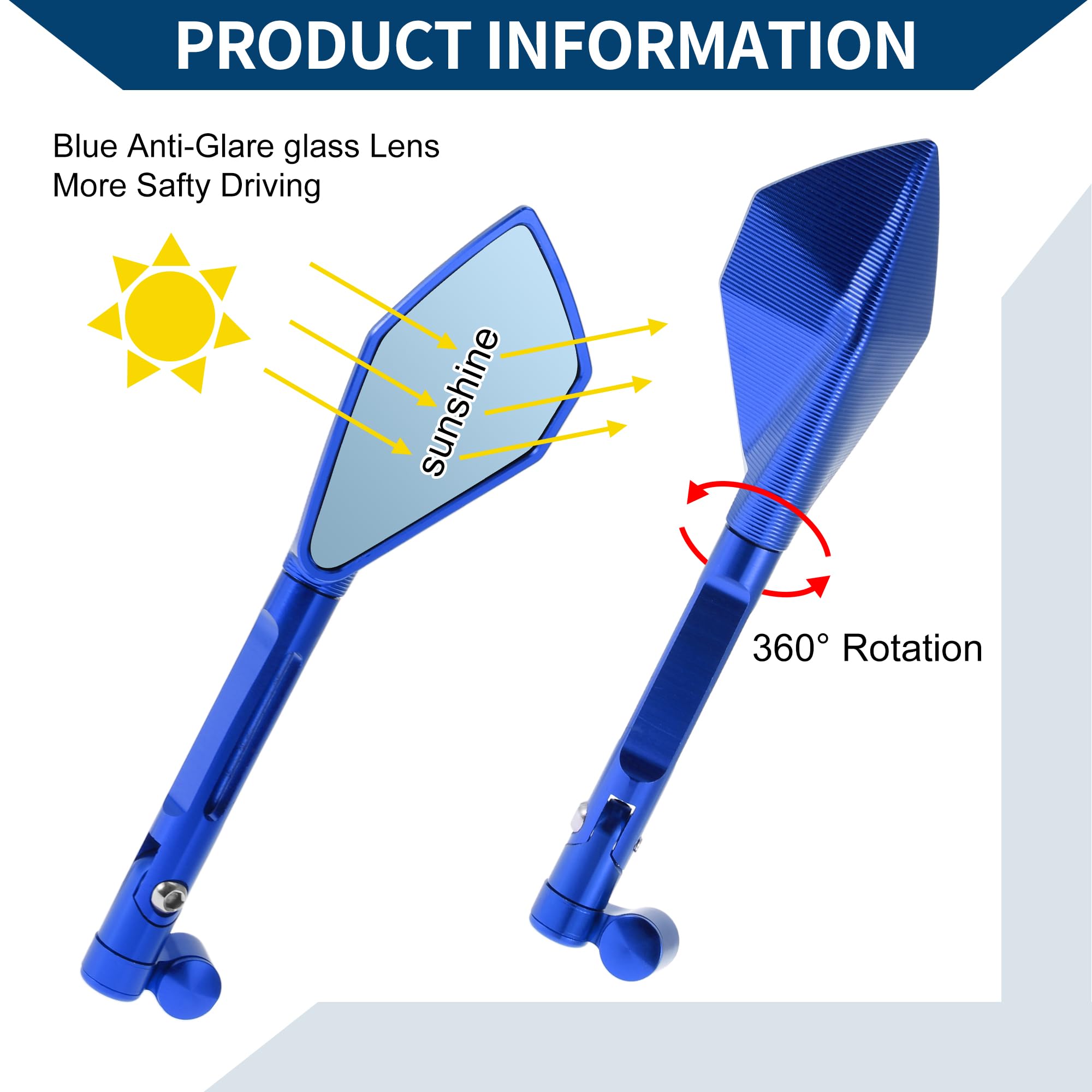 Specchietti Retrovisori Laterali Regolabili per Moto 1 Set Blu | Colore Blu, Lega Alluminio, 11.2x5.6cm, M8/M10, Per Yamaha, Per Kawasaki, Per Honda Shadow, Regolabili 360°