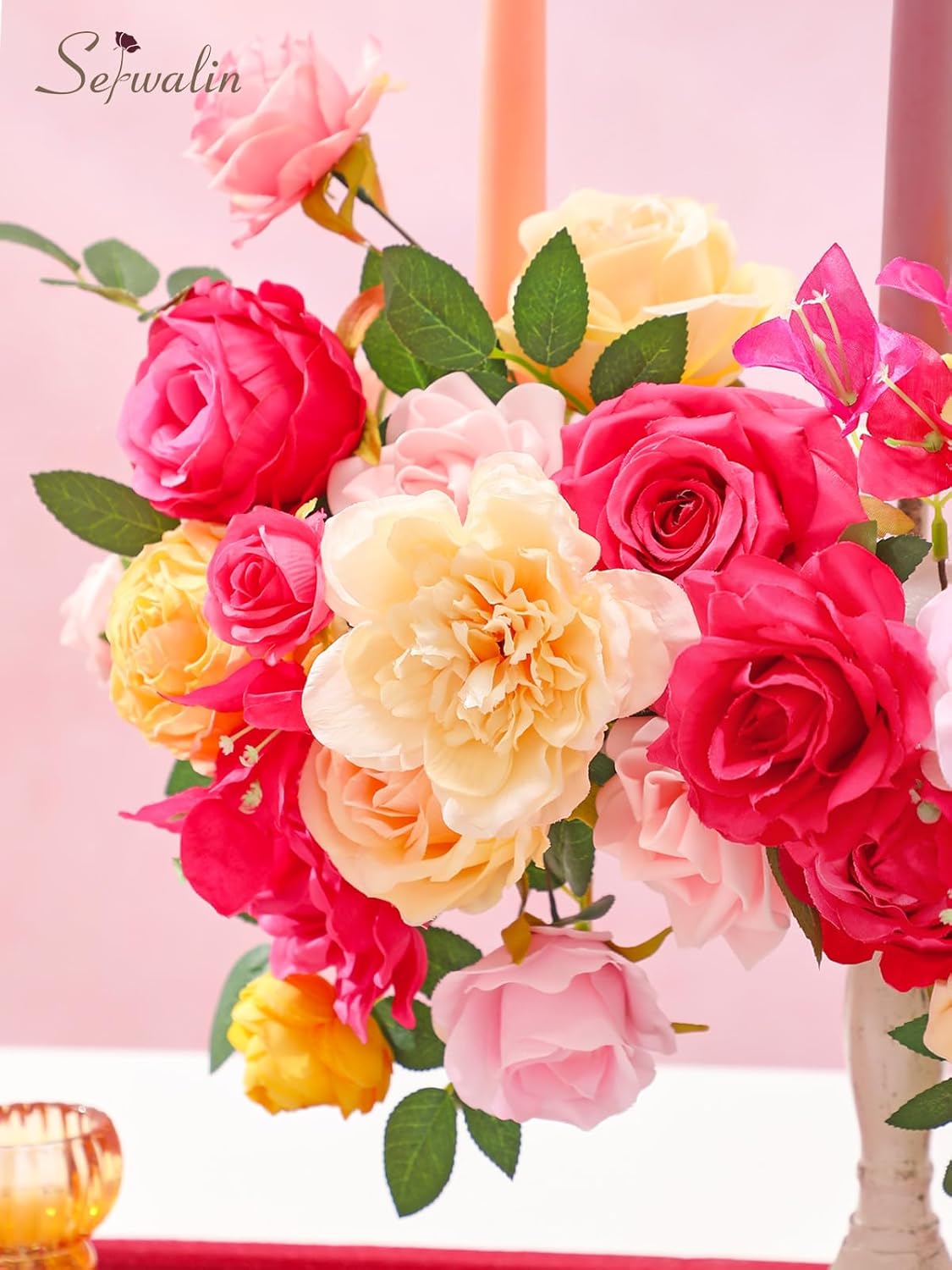 Serwalin Artificial Hot Pink & Yellow Flowers, Magenta Silk Fake Flowers, Faux Flowers for DIY Wedding Bouquets Cake Decoration Baby Shower Centerpieces Floral Arrangements Party Decor