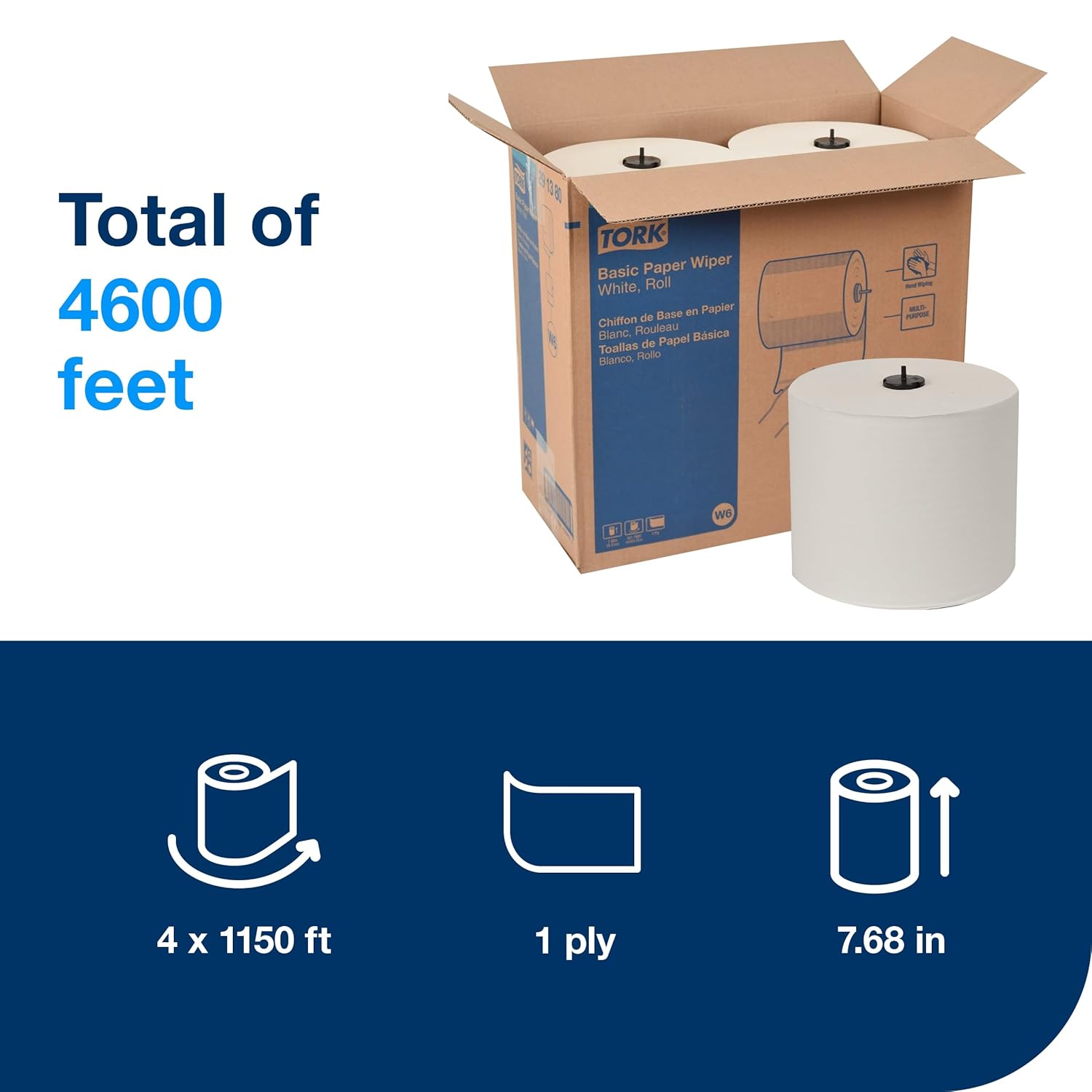 Tork Basic Paper Wiper White W6, Roll Towel, 4 x 1452 Sheets, 291380