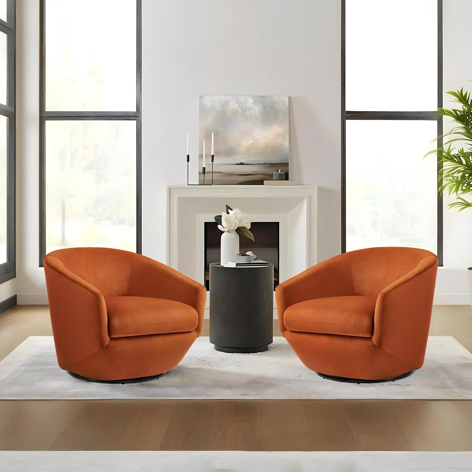 Swivel Barrel Accent Chair, Modern Round Velvet Fabric Arm Chair for Living Room, Bedroom, Comfy Club Reading Chairs for Adults(Velvet, Orange, Set of 1)