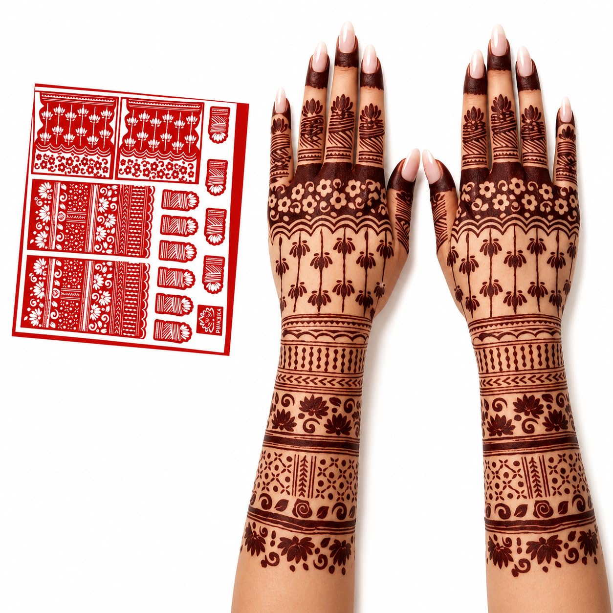 Red Mehndi Hand Tattoo Sticker Temporary Henna Inspired Body Art Decal Waterproof Floral Traditional Pattern Long Lasting Easy Apply Bridal Wedding Festival Decoration for Women Girls-image-16