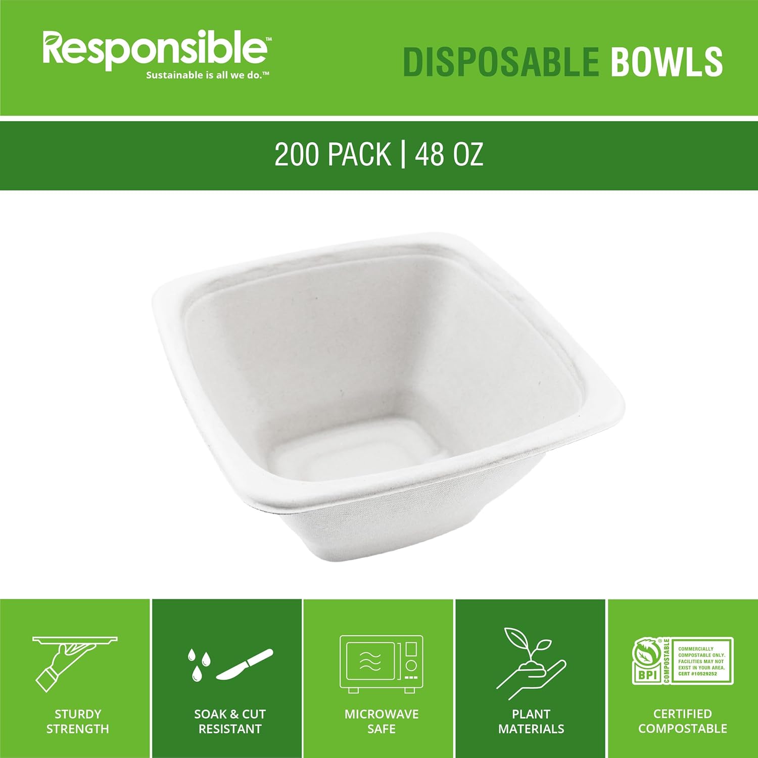 Responsible Products 100% Compostable Square Serving Bowls, 48 oz Disposable Paper Bowls, Microwave Safe, Freezer Safe, Soup Safe, No Plastic, Eco-Friendly, Tree-Free, No PFAS. White (200 Count)
