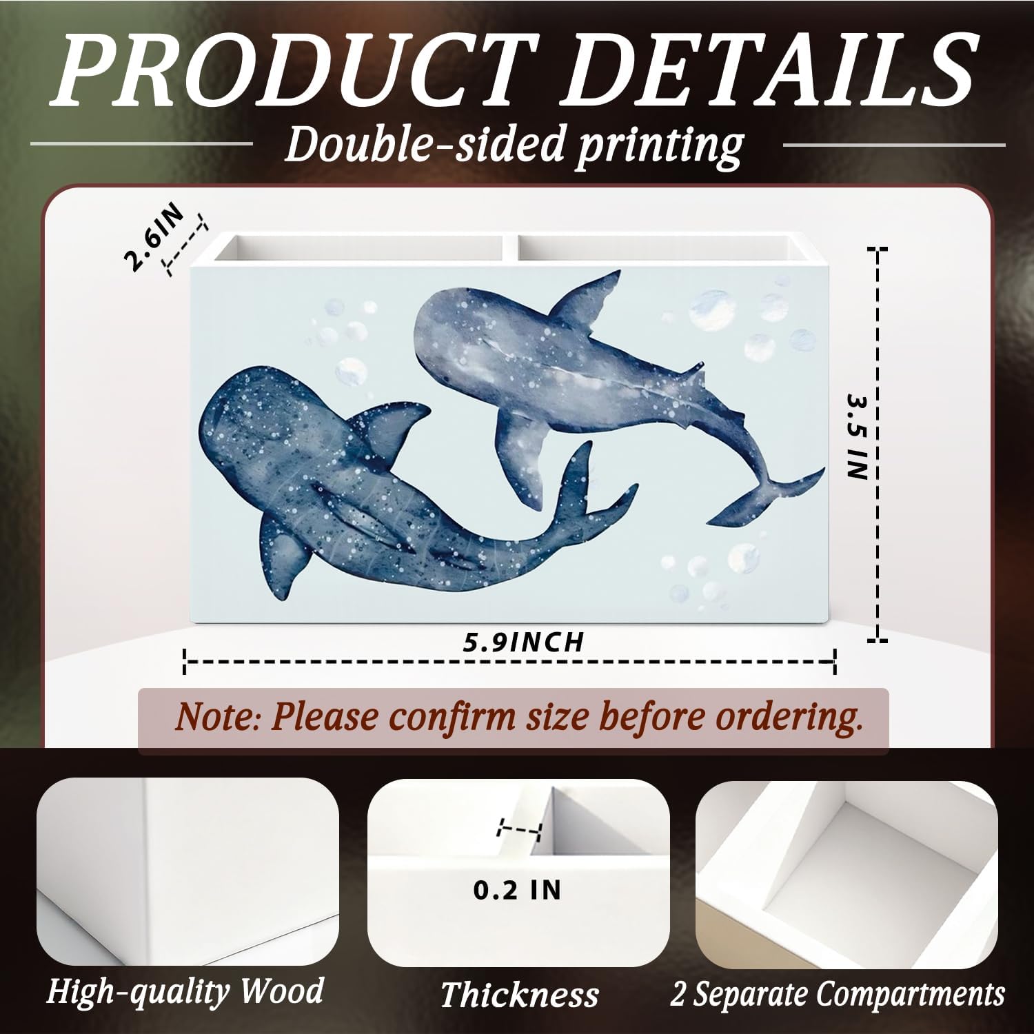 Whale Shark Beach Pen Pencil Holder for Desk Blue Whale Shark Gifts，Coastal Ocean Marine Biology Wooden Box Sign Decorations for Home Office Desk Tabletop，Beach Office Decor, image 2