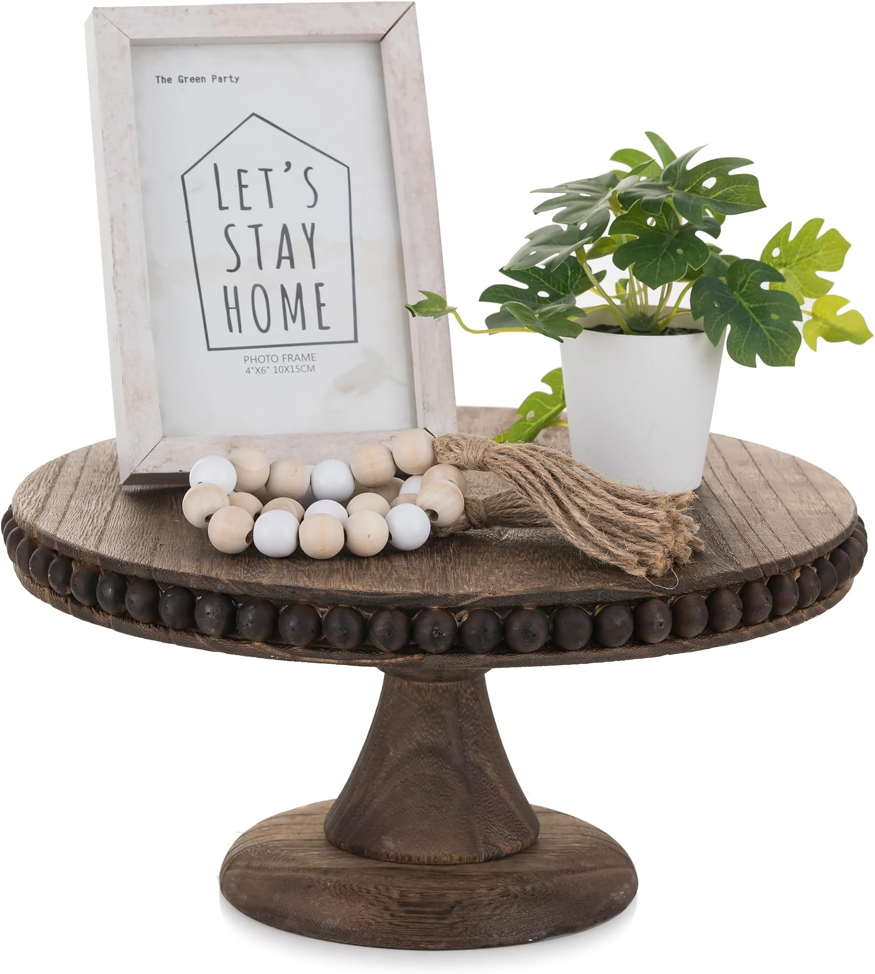 Hanobe Round Wood Cake Stand: Cupcake Pedestal Stand 12 inch Dessert Display Riser Distressed Rustic Cakes Holder Tray Vintage Beads Wooden Plate for Christmas Wedding Birthday Decor