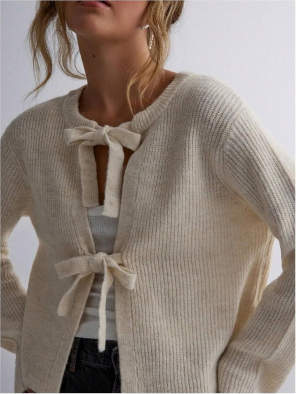 Women's Tie Front Cardigan Ribbed Knit Long Sleeve Sweaters Outerwear Soft Fall Outfits - Image 3
