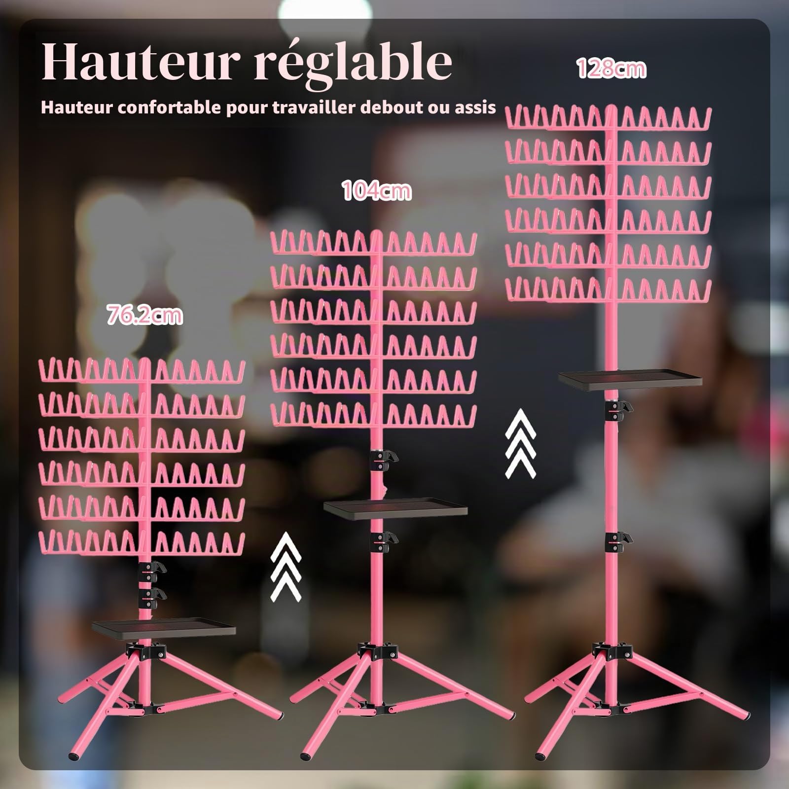 Support pour extensions capillaires à 144 broches avec plateau, pinces à cheveux et peignes - Support pour extensions capillaires - Réglable en hauteur et pliable