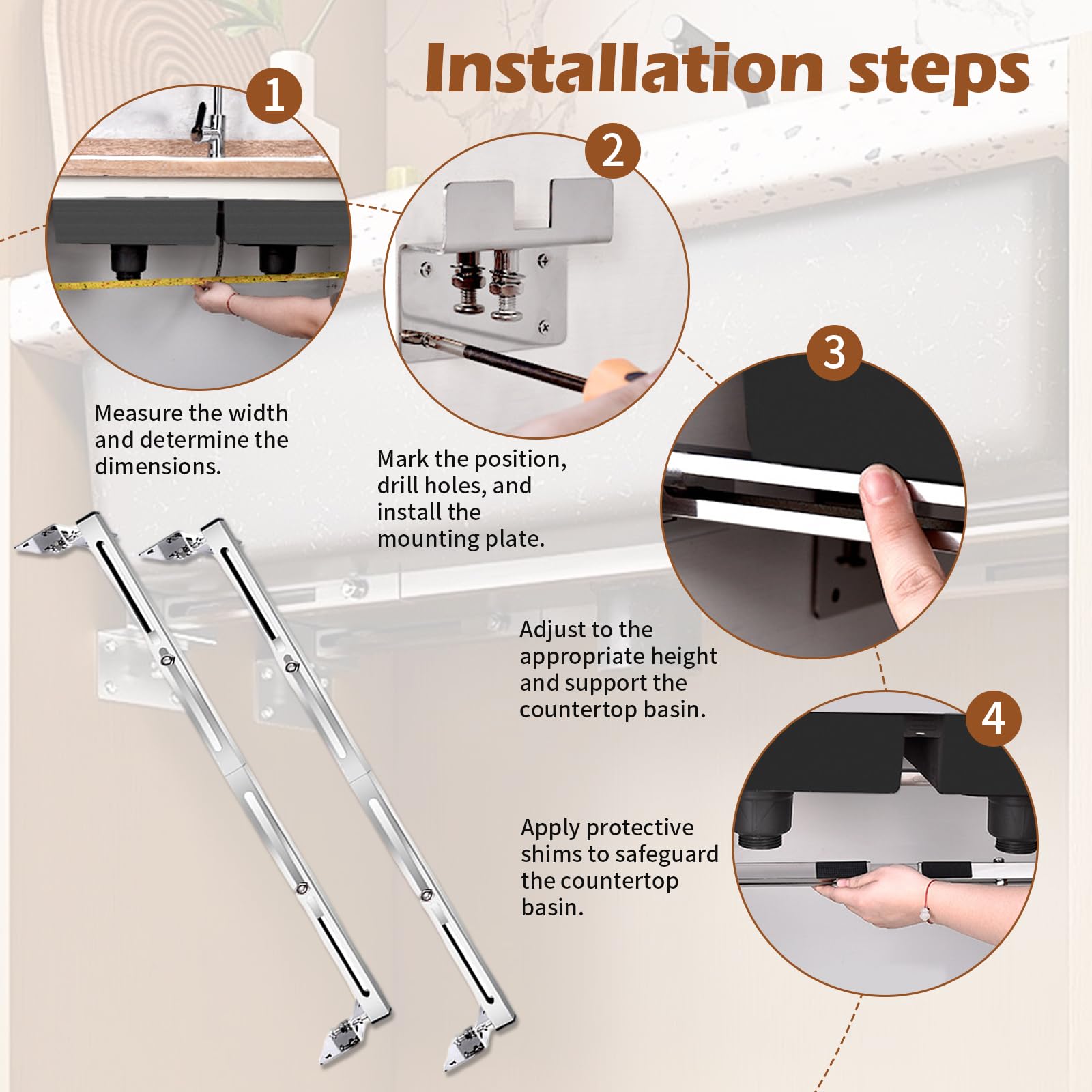 Supports d'évier réglables en acier inoxydable pour évier de cuisine lourd, supports d'évier encastrés, capacité de charge de 200 kg, supports d'évier encastrés (51-80 cm)