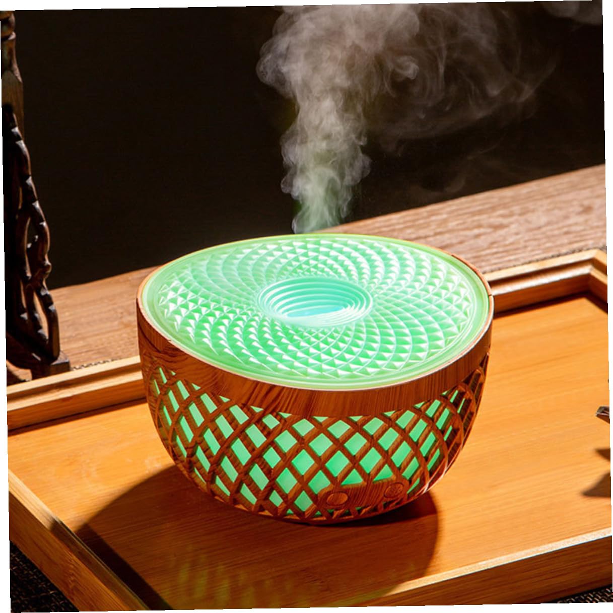 Hohopeti Difusor Inalámbrico de Aceites Esenciales Mini Luz Nocturna Humidificador de Escritorio de Madera Diseño Calado Difusor Decorativo para Oficina y Hogar