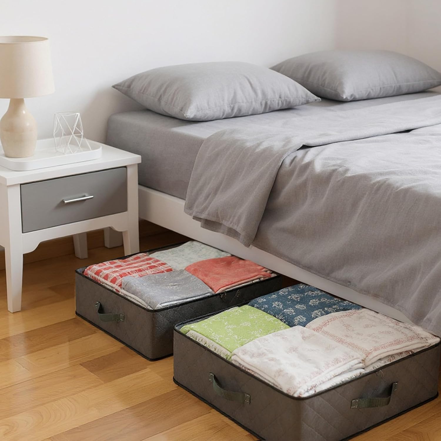 4 Pack 90L Under Bed Storage Containers – Foldable Closet Organizers with Clear PVC Window, Large Underbed Storage Bins for Blankets, Clothes, Shoes, Wrapping Paper (Grey, 39” x 20” x 7”)