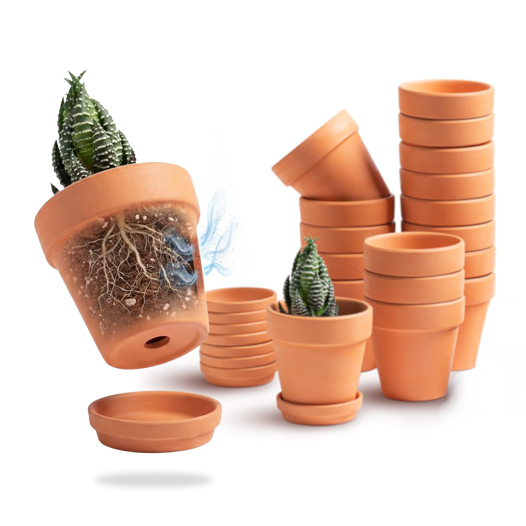 3 Inch Terracotta Starter Pots with Saucers – Clay Planting System for Seedlings, Cuttings & Succulents, Reliable Drainage for Healthy Roots, Ideal for Beginners & Small Spaces