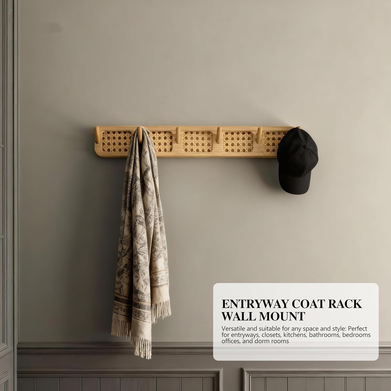 Coat Rack Wall Mount, Rattan Coat Hooks Hanger Wall Mounted, 6 Heavy Duty Bamboo Hooks Rack Rail for Hanging Clothes Hats Bags Jacket Towels Plants, White (Ntural（2Pc）)
