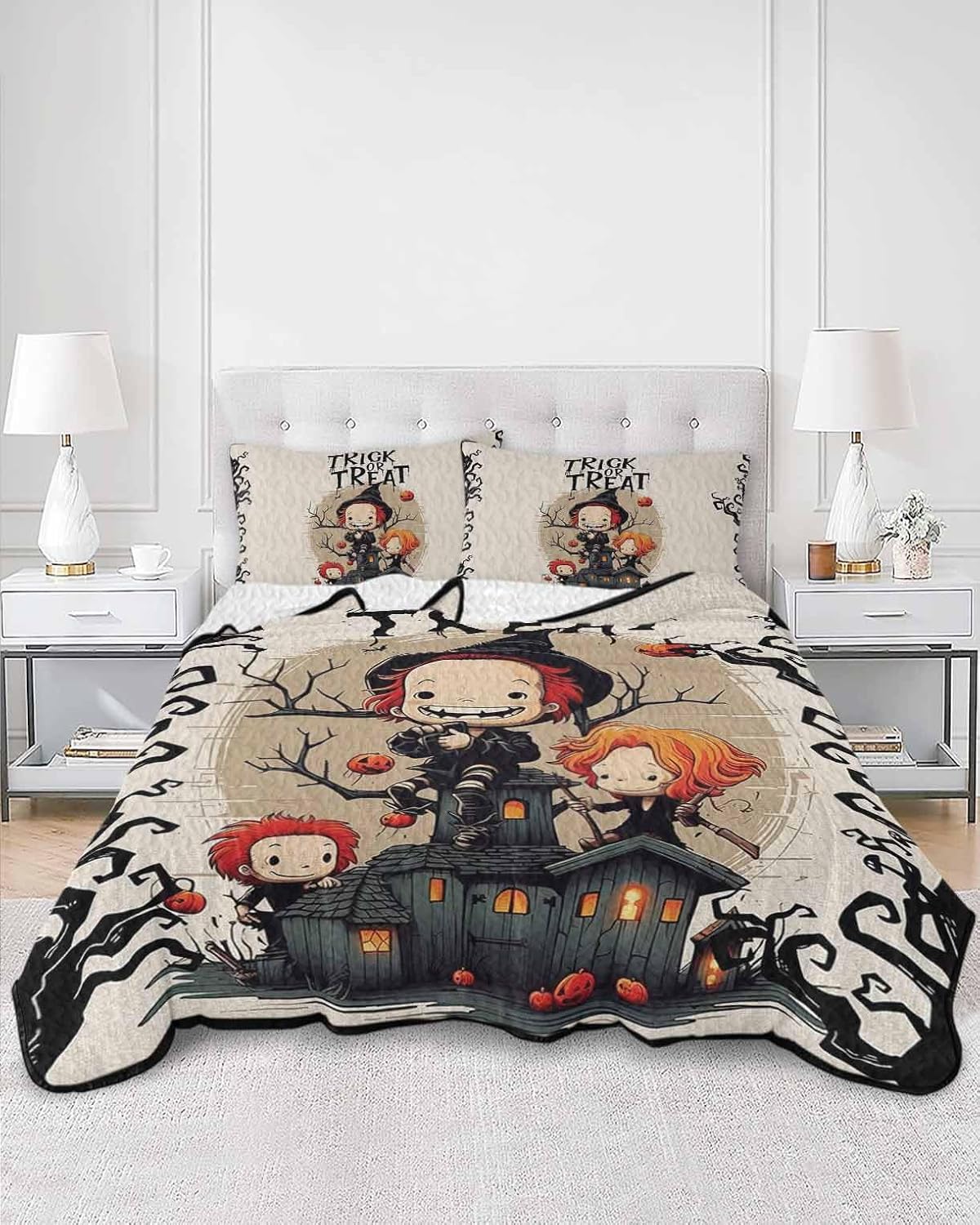 Halloween Quilt Full Size, Trick Or Treat Children Pumpkin Black Branches Reversible Quilt Bedding Set with 2 Pillow Shams, Lightweight Soft Bedspread Coverlet Comforter Set for Bed Couch 78"x90"