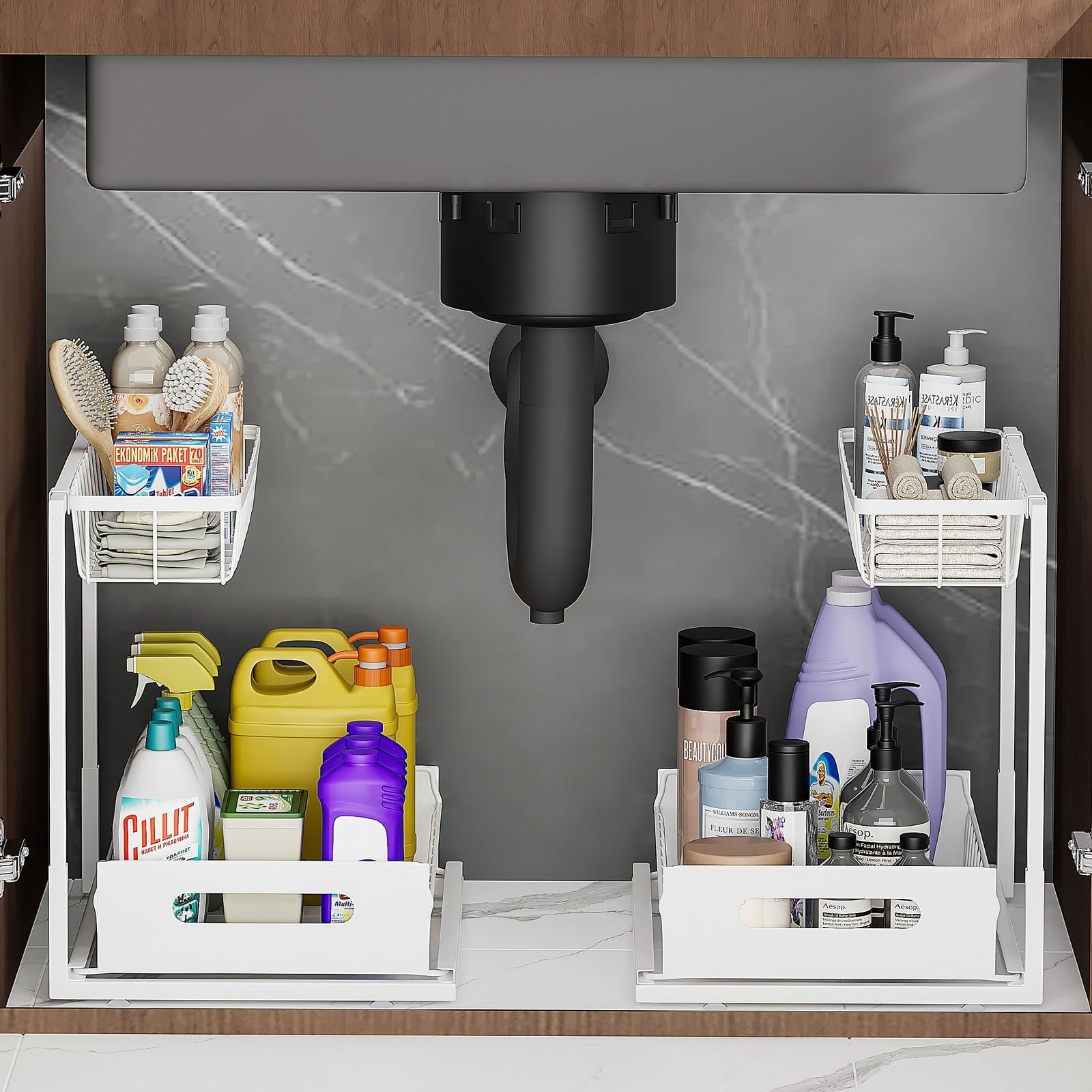 Ceetug Slide Out Under Sink Organizers and Storage, White, 2 Pack | 2 Tier, Sturdy Metal, Cabinet Organizer, for Kitchen Bathroom