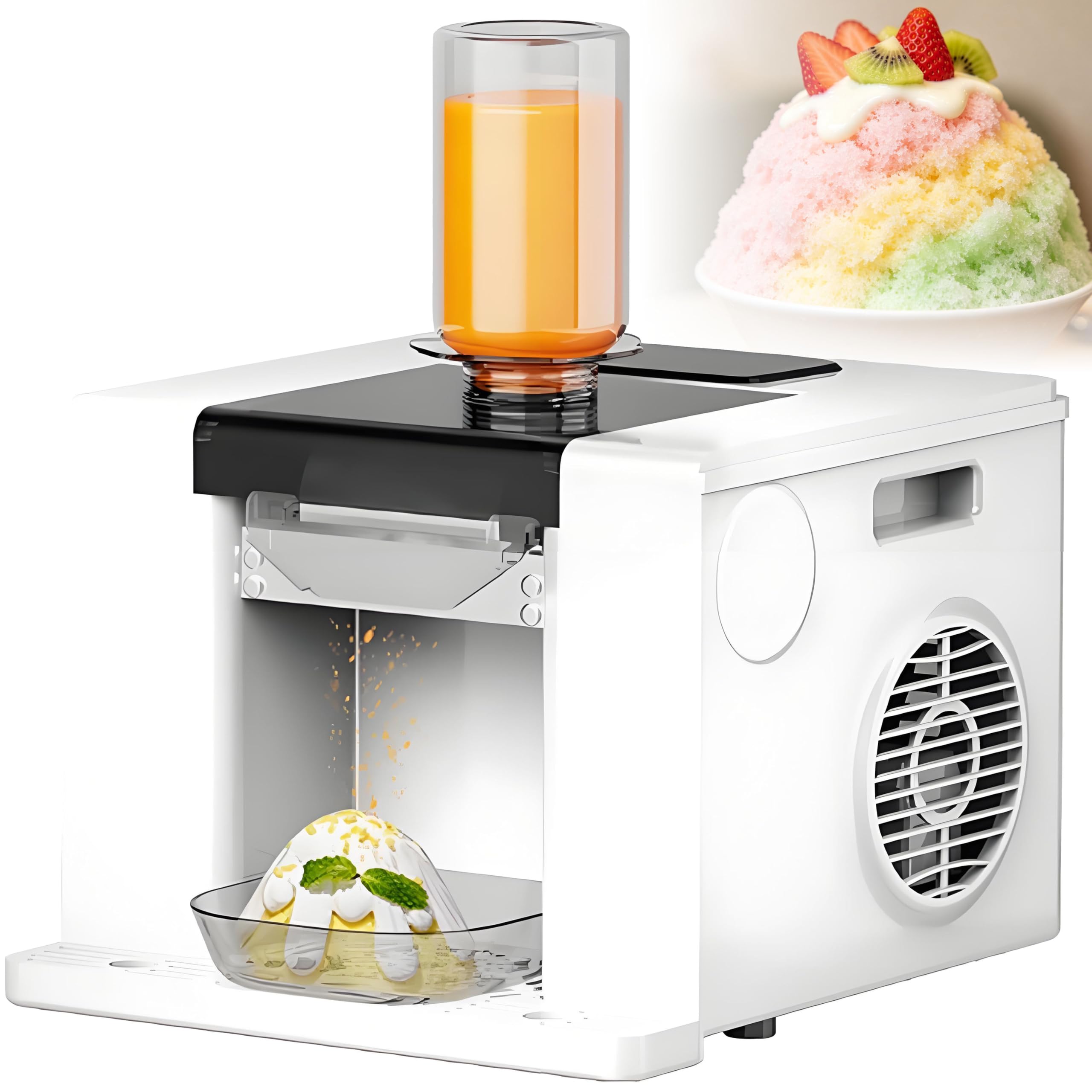 SHENGSHIYU Commercial Snowflake Ice Maker,280W Electric Ice Crusher with 750ml Feed Cup,3 Portions Preset Dispensing,Intelligent Speed Control,Adjustable Ice Thickness,One-Touch Auto Cleaning White
