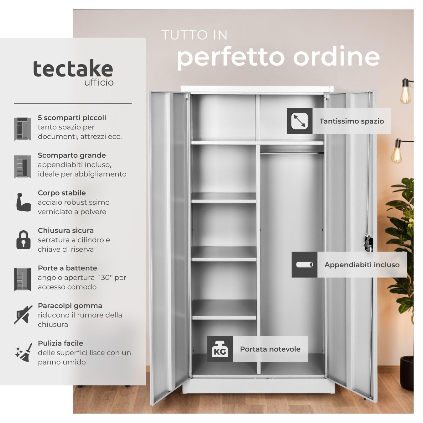 tectake® Armadio Portadocumenti, 6 Scomparti, Asta Appendiabiti, Armadio Multiuso in Acciaio Verniciato, Mobile con Ante Rinforzate, Serratura a Cilindro di Sicurezza, 80 cm - Grigio