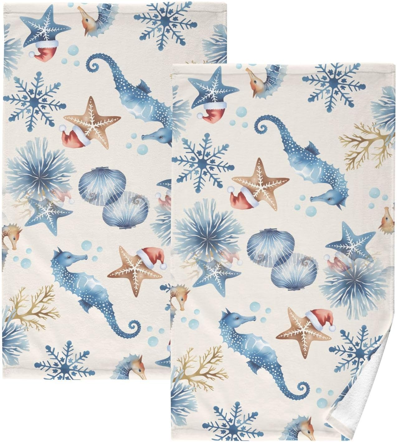 Cotton Hand Towels for Bathroom Set of 2 Christmas Coastal Beachy Seahorse Starfish Kitchen Towels Soft Bath Towel Absorbent Towels for for Face,Gym,Sports 16x28in