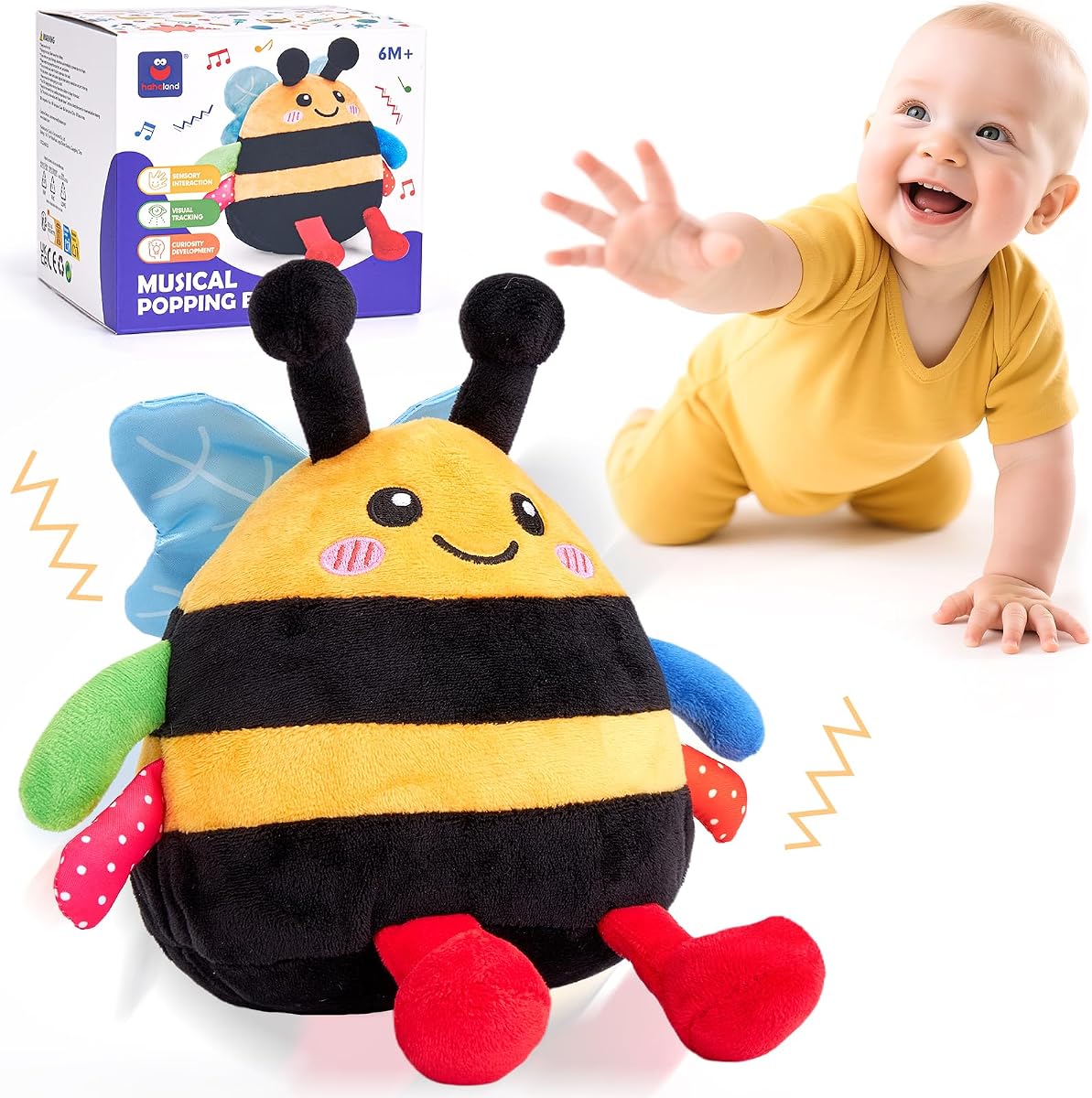 hahaland Musical Tummy Time Bouncing Plush Bee Crawling Toy for 6 Month | Dancing Vibrating & Buzzing Bee Baby Toys 7 8 9 10 11 12 Month Old, Bee Toy Gifts for 1 Year Old Boy & Girl