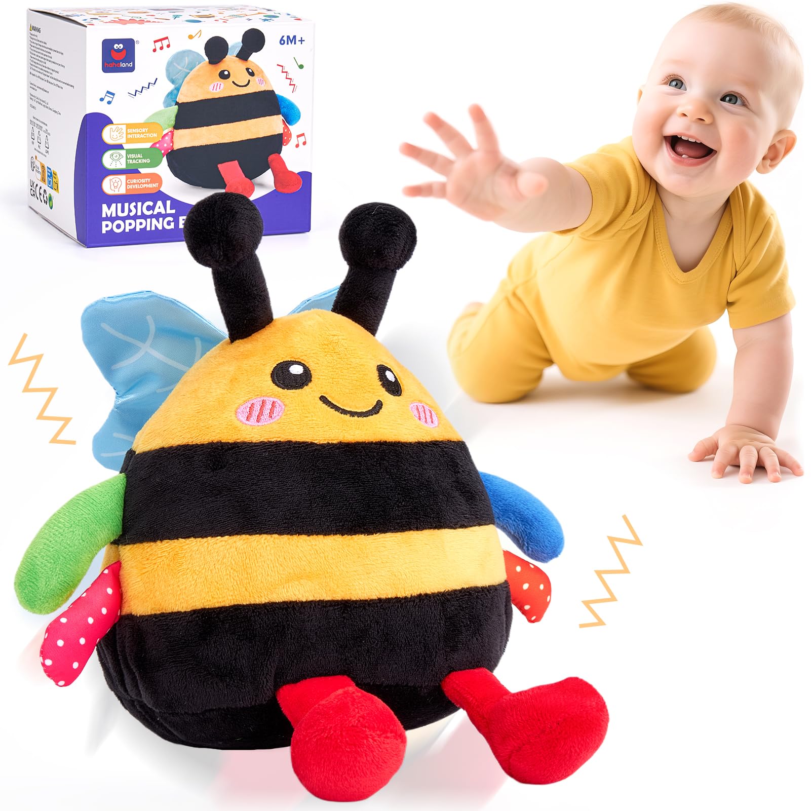 hahaland Musical Tummy Time Bouncing Plush Bee Crawling Toy for 6 Month | Dancing Vibrating & Buzzing Bee Baby Toys 7 8 9 10 11 12 Month Old, Bee Toy Gifts for 1 Year Old Boy & Girl