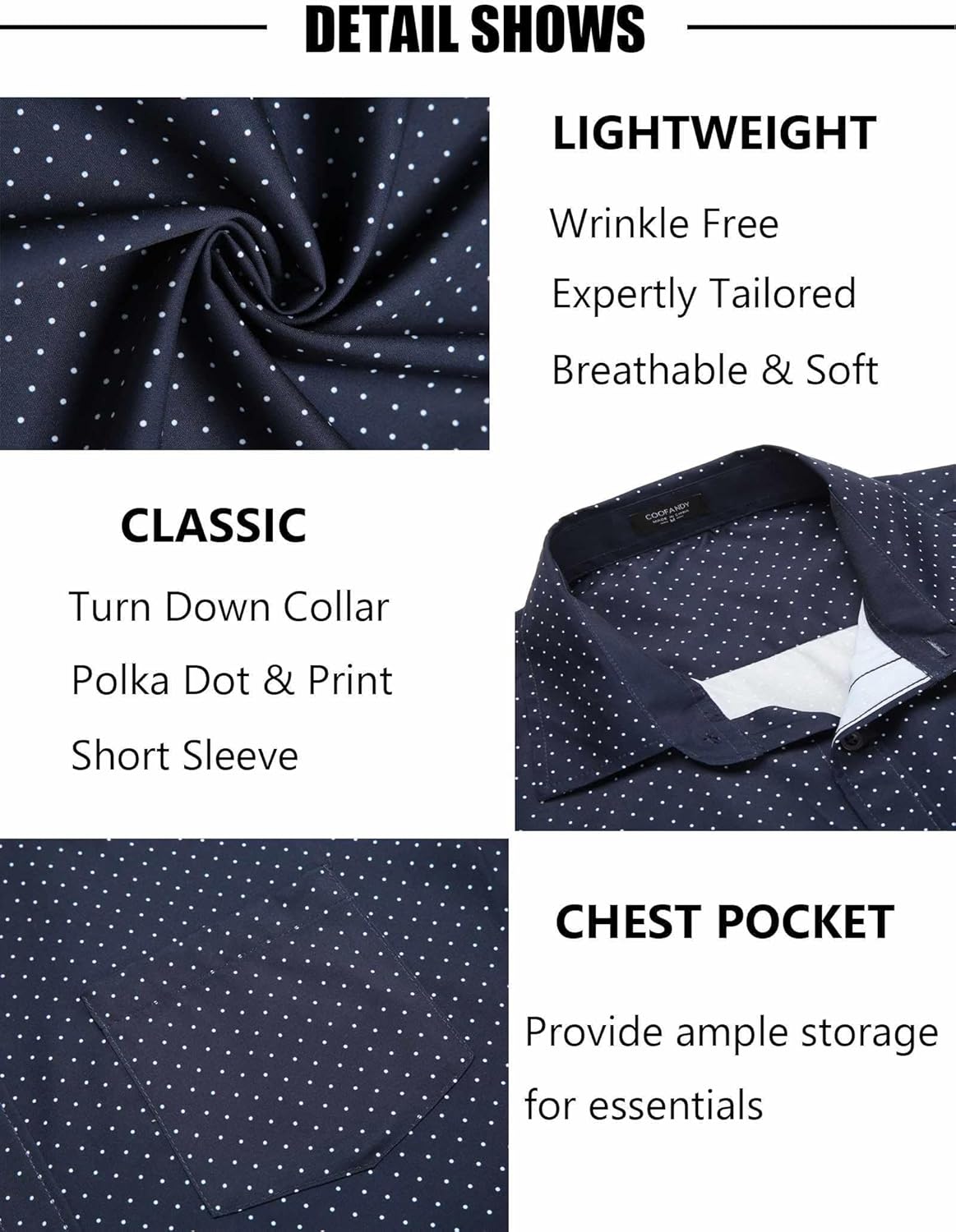 COOFANDY Mens Short Sleeve Button Down Shirts Wrinkle Free Dress Shirts Casual Polka Dot Print Shirt with Pocket - Image 5