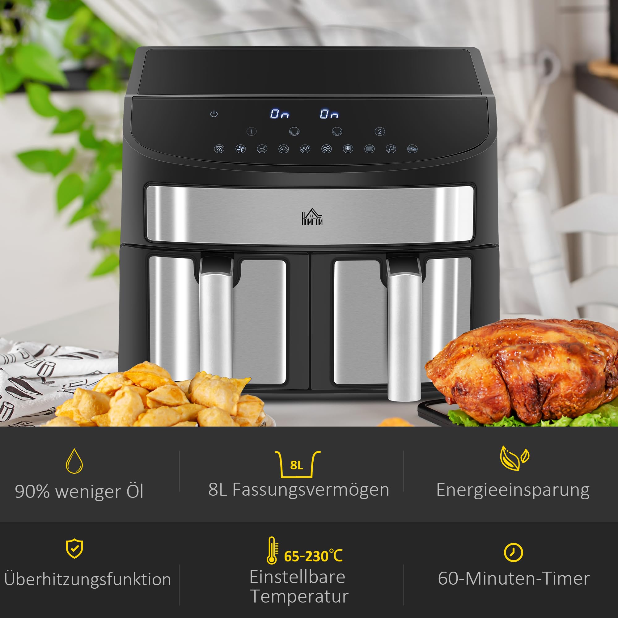 HOMCOM Dual Zone Airfryer 8 L 2400W 2 komory Czarny