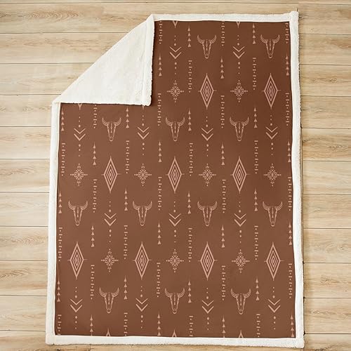 Miniatura 2 de Manta de rayas bohemias, diseño de calavera de toro, manta sherpa retro geométrica marrón para niñas y adolescentes, manta vintage tribal azteca