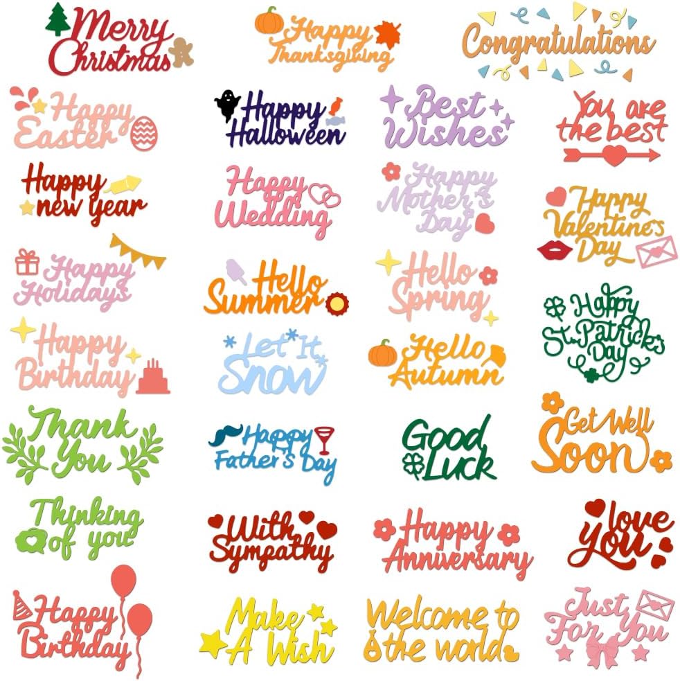 INFUNLY 78pcs Holiday Word Die Cuts for Card Making Blessing Greeting Texts Cutting Dies Happy Birthday Metal Die Cut Best Wishes Embossing Stencil for DIY Scrapbooking Wedding Birthday Halloween Card