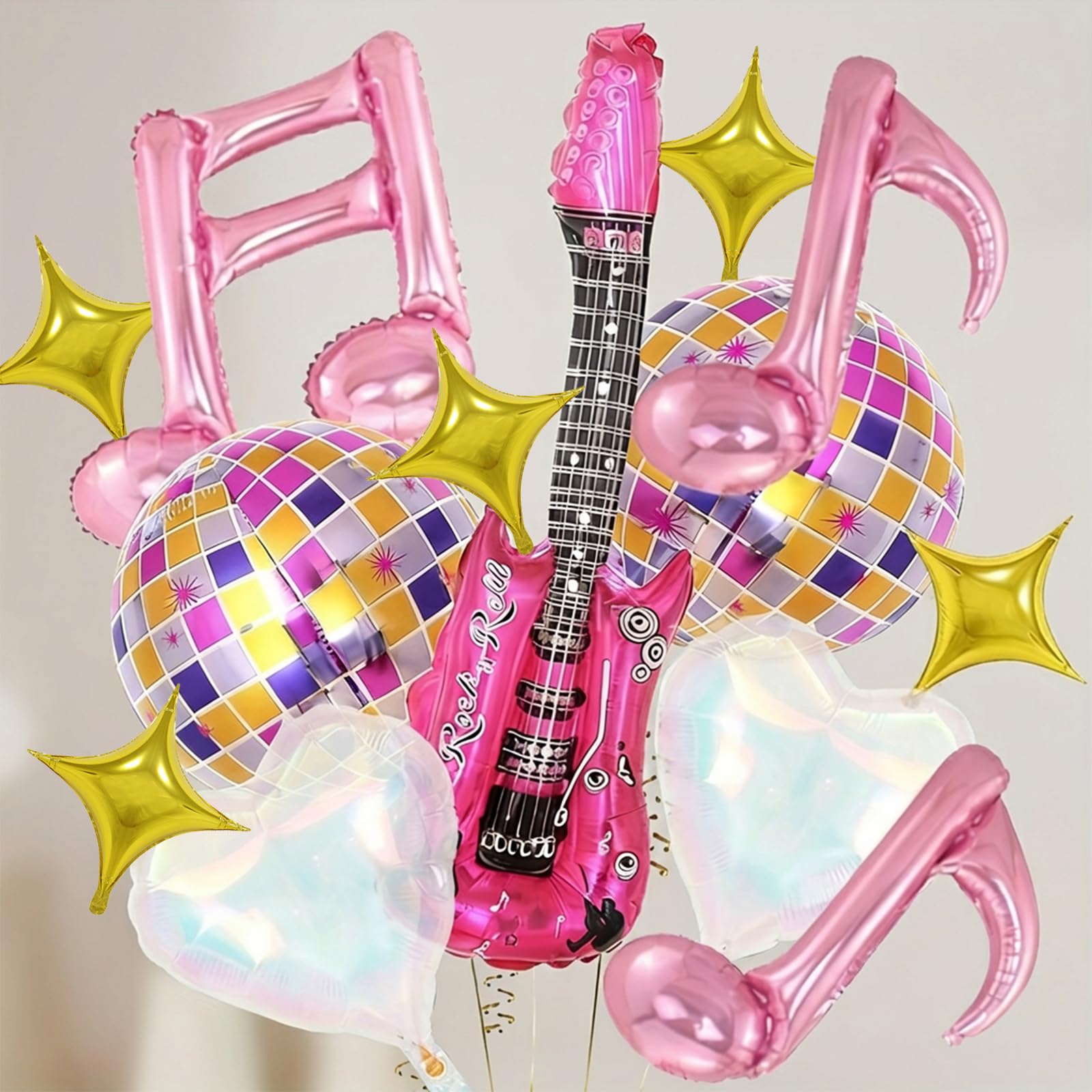 14-Piece Disco Theme Balloons Set - Foil Music Note, Guitar, Disco Ball & Star Balloons for Adult Party Decorations, Birthday Backdrop Supplies