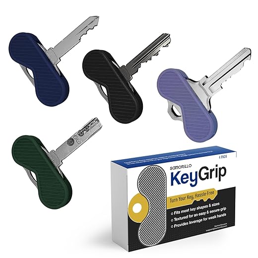 [4 pack] keygrip disability aid key turners - added strength & leverage for seniors & elderly - perfect for parkinson's, arthritis, ms, tremors & als - textured for grip - bright colors for low vision