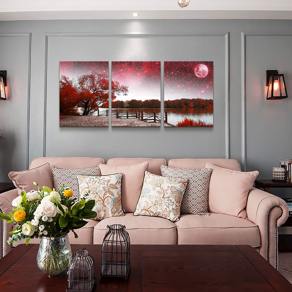 Wall Art for living room Canvas Prints bedroom Wall Decor for bathroom artwork Abstract Painting Red tree moon landscape paintings 16" x 24" 3 Pieces Modern framed office Home decorations for kitchen