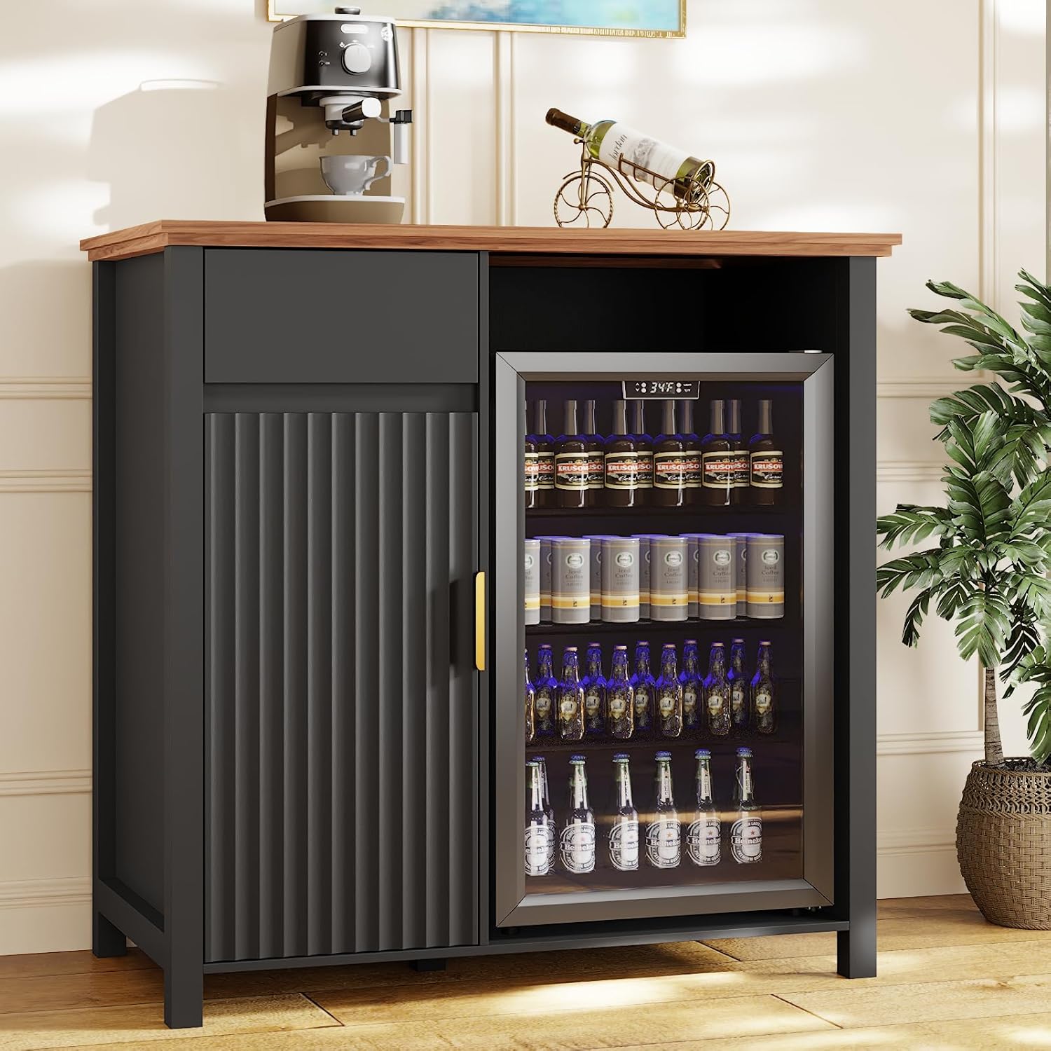 Mini Fridge Cabinet with Charging Station, Modern Fluted Coffee Bar Cabinet with Beverage and Wine Storage, Compact Coffee Bar with Mini Fridge Space for Kitchen, Dining Room or Living Room