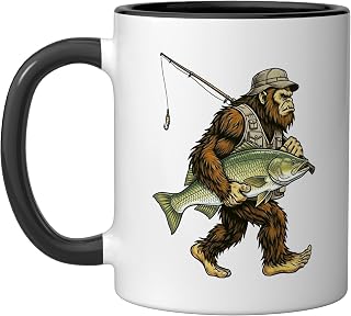 Barramundi Bigfoot Fisherman Saltwater Fishing Sasquatch Ceramic Mug, Black/White