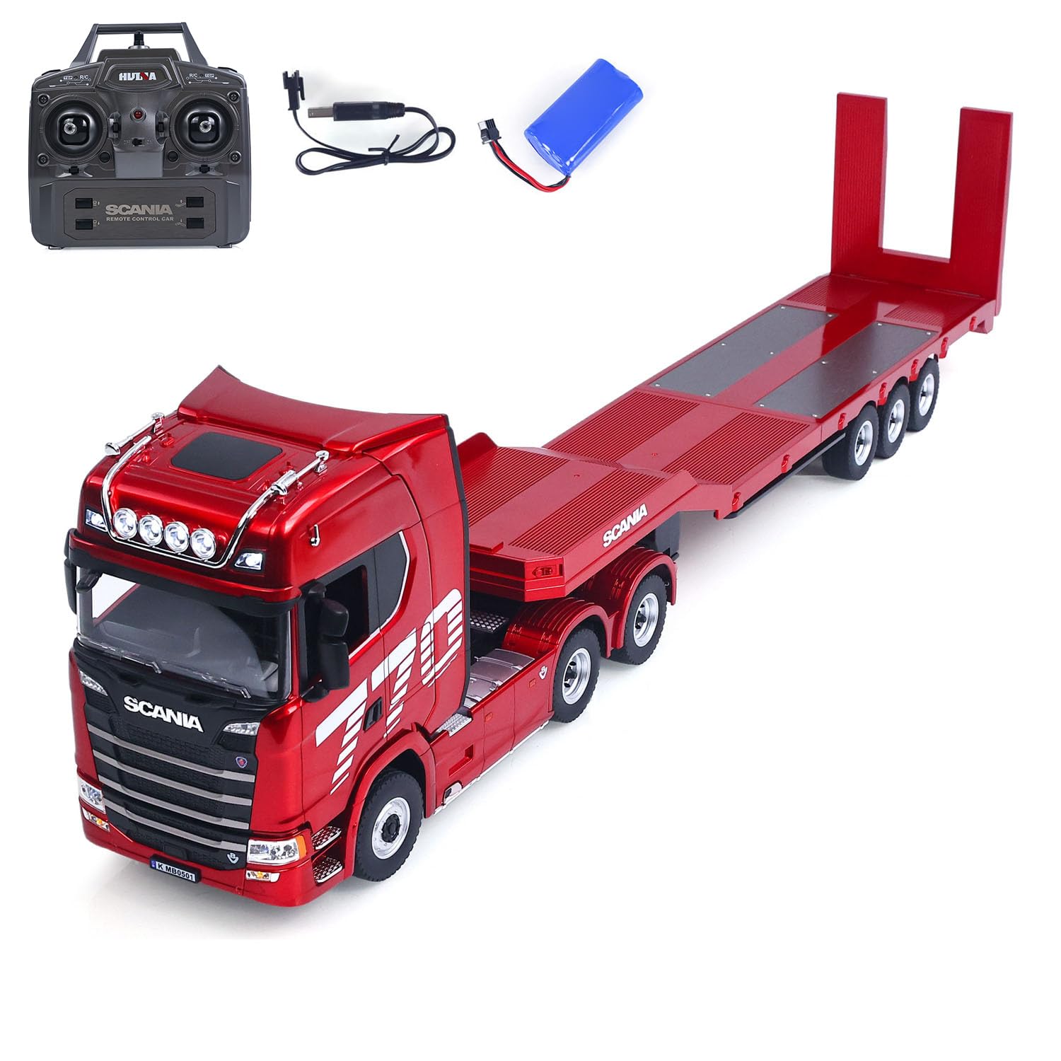 TOUCAN RC HOBBY HUINA 1/18 RC Trattore Camion 770S 3 Assi Plastica Semi Rimorchio Pianale Modello finito RTR Batteria Luce Effetti sonori (rosso)