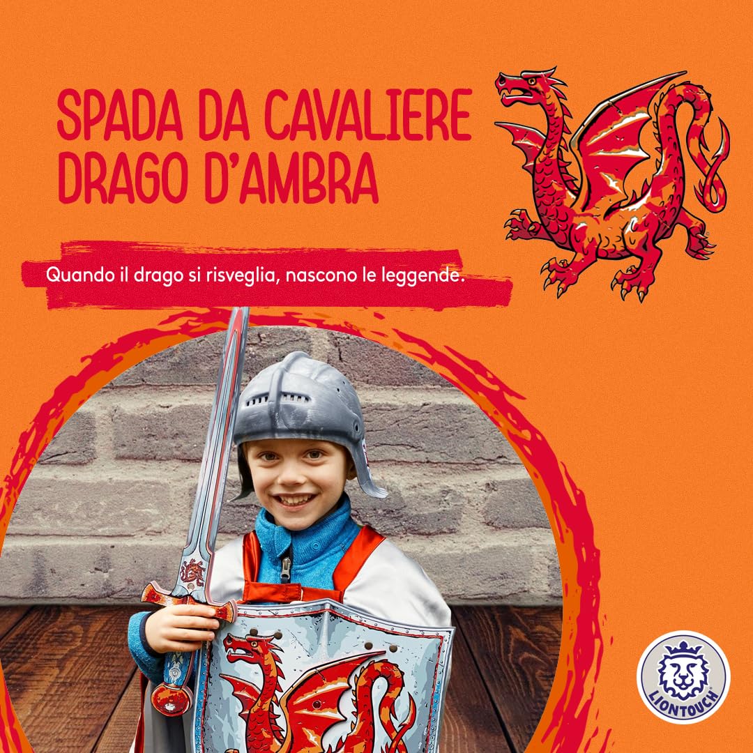 Liontouch - Spada e Scudo in Gommapiuma Drago d'Ambra per Ragazzi da 3 a 8 Anni | Set da Cavaliere Medievale Gioco di Ruolo con Drago Rosso | Armi Sicure e Accessori per Battaglie, Costumi da Bambino