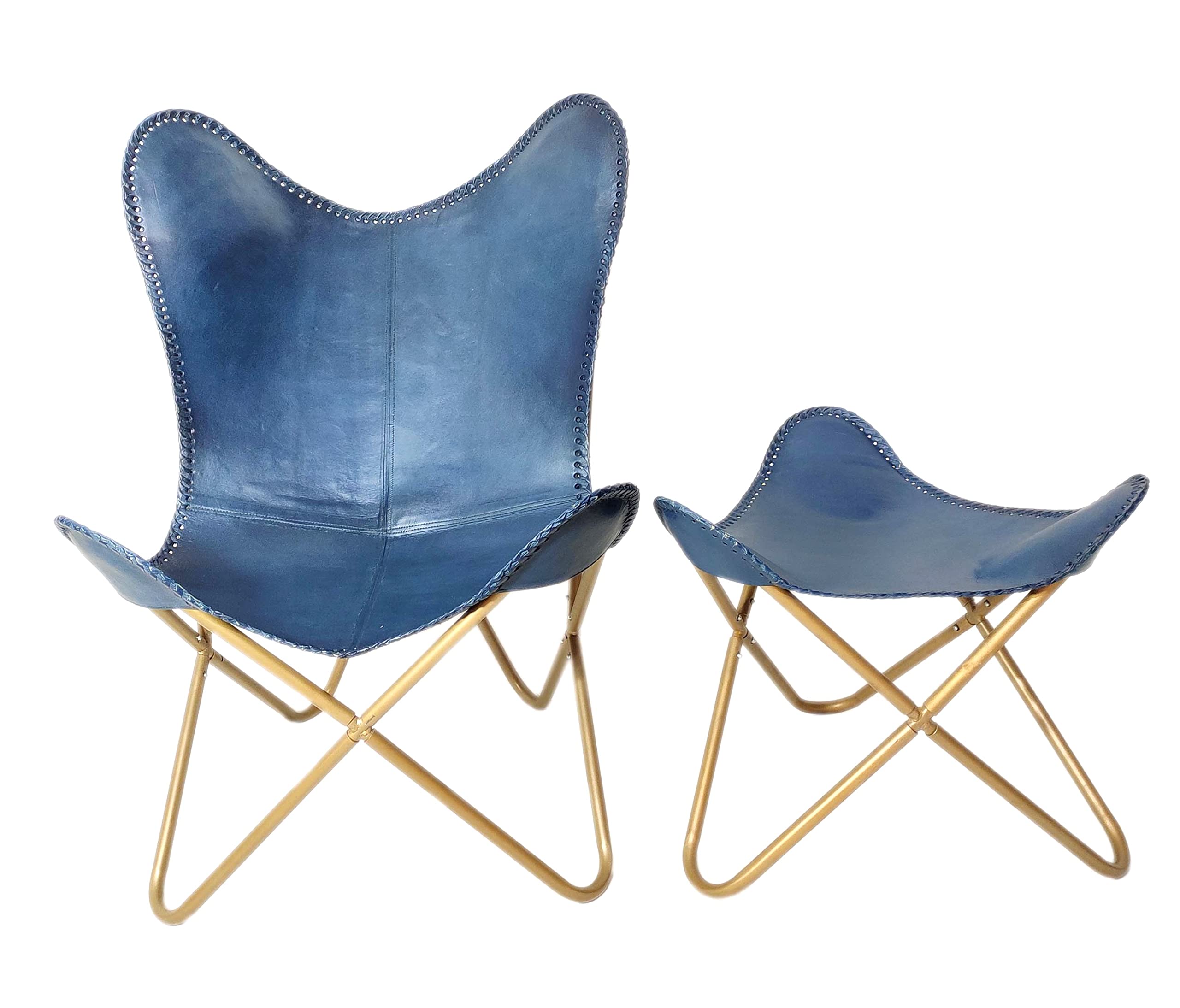 YASH HANDICRAFT Openable Leather Home & Office Lounge Chair with Footrest Foot Stool – Iron Golden Powder Coated Frame Butterfly Chair & Ottoman – Blue Leather Chair/Footstool