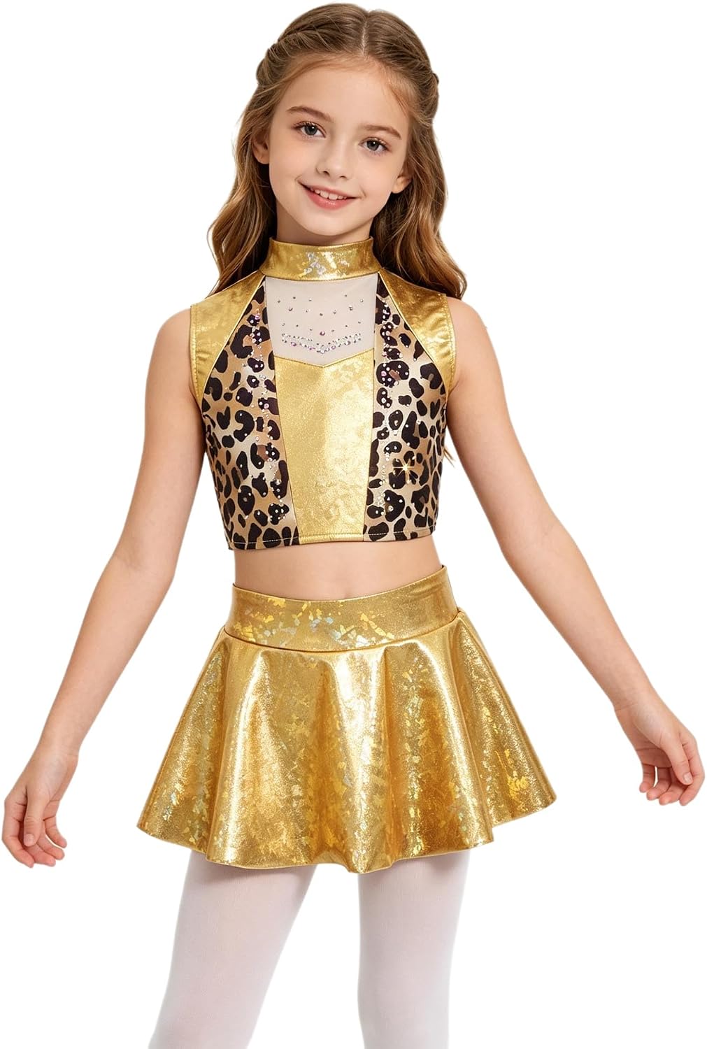 TTAO Girls Rhinestone Shiny Crop Tops with Metallic Skorts Sets Cheerleading Dance Outfits Streetwear for Club