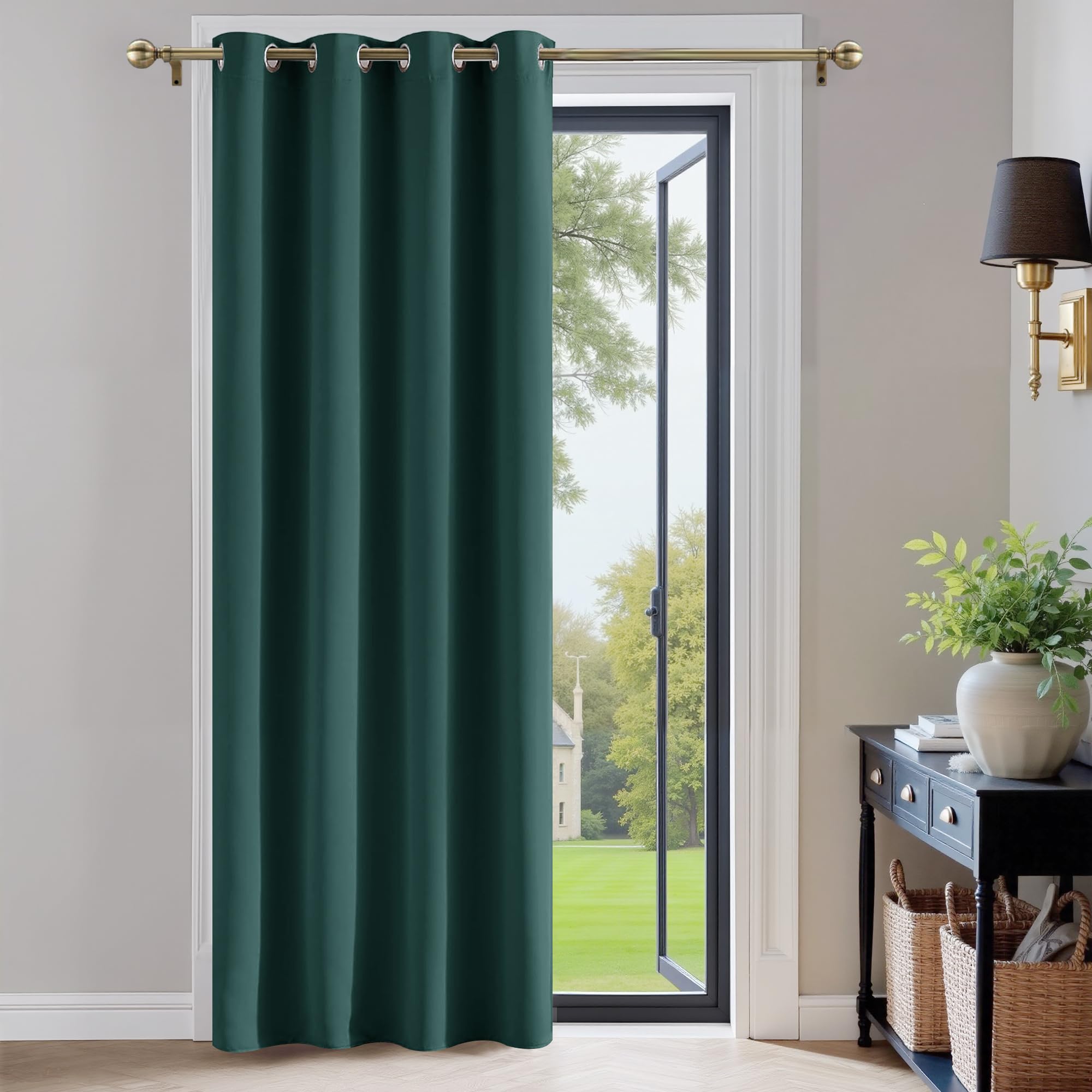 PONY DANCE Single Blackout Christmas Curtain - Thermal Privacy Protection Eyelet Door Curtain for Living Room Bedroom Kitchen Window, 52 Inch x 84 Inch, Dark Green — image 1