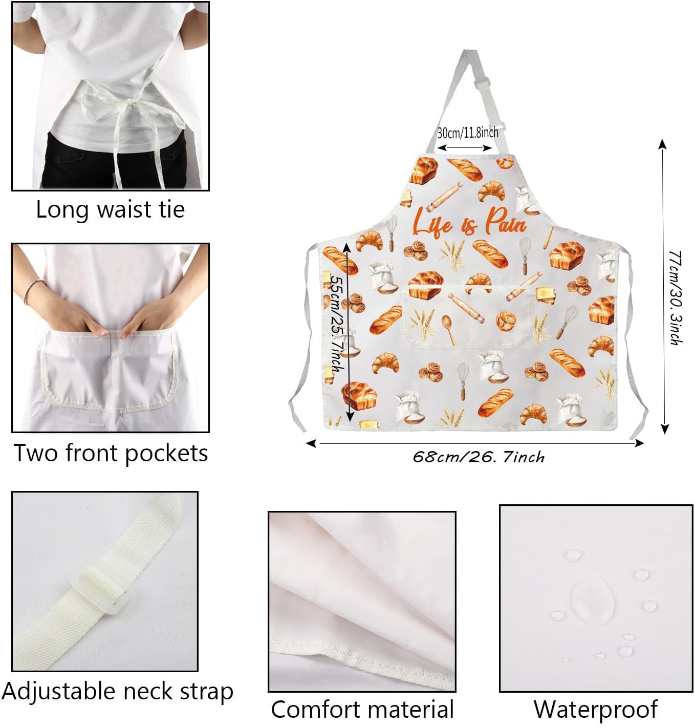 Funny Bread kitchen Apron Bread Lover Gift Baker Gift Baking Gift Life is Pain Bread in French Apron With Pocket image 3